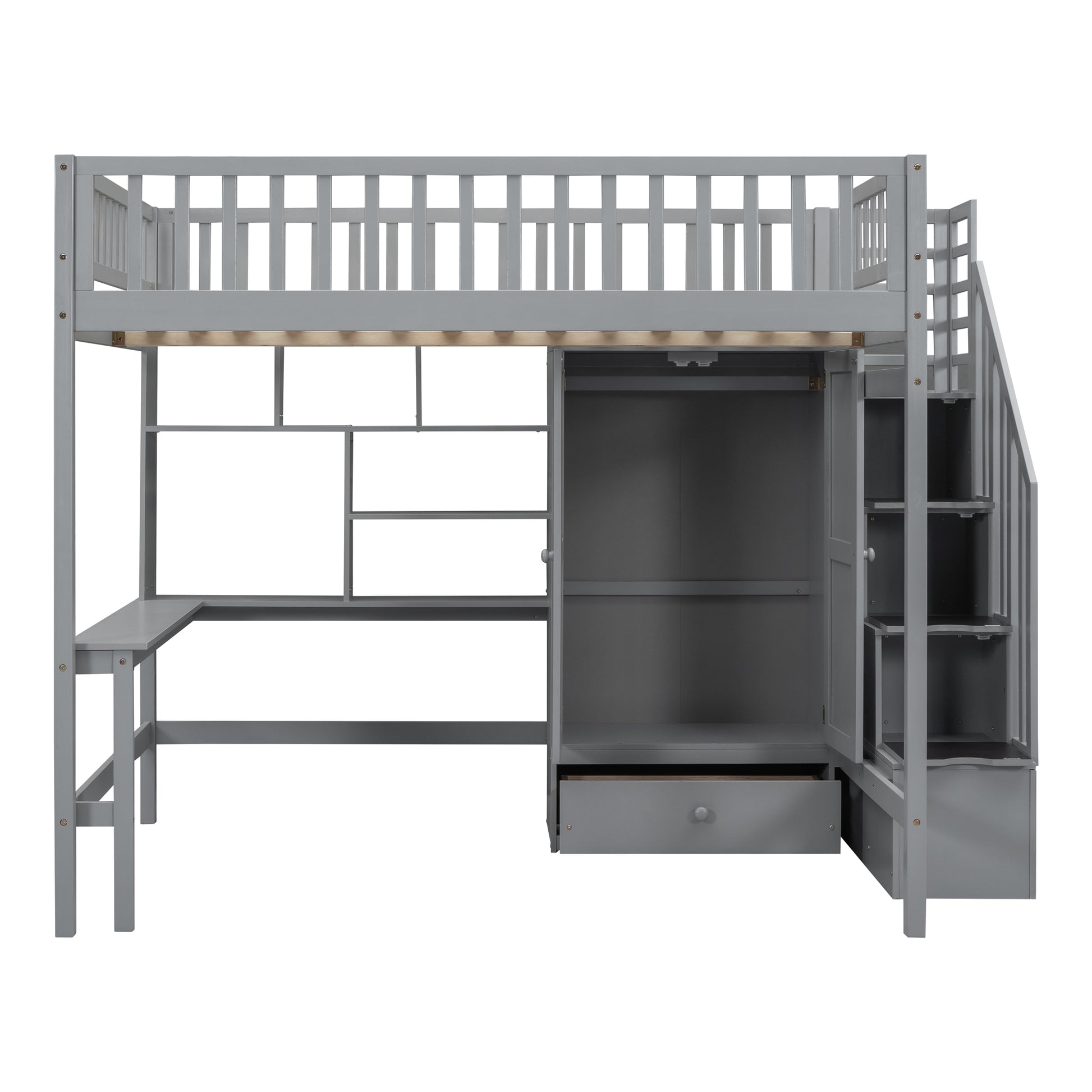 Gray wooden loft bed with desk shelves and integrated wardrobe perfect for small spaces