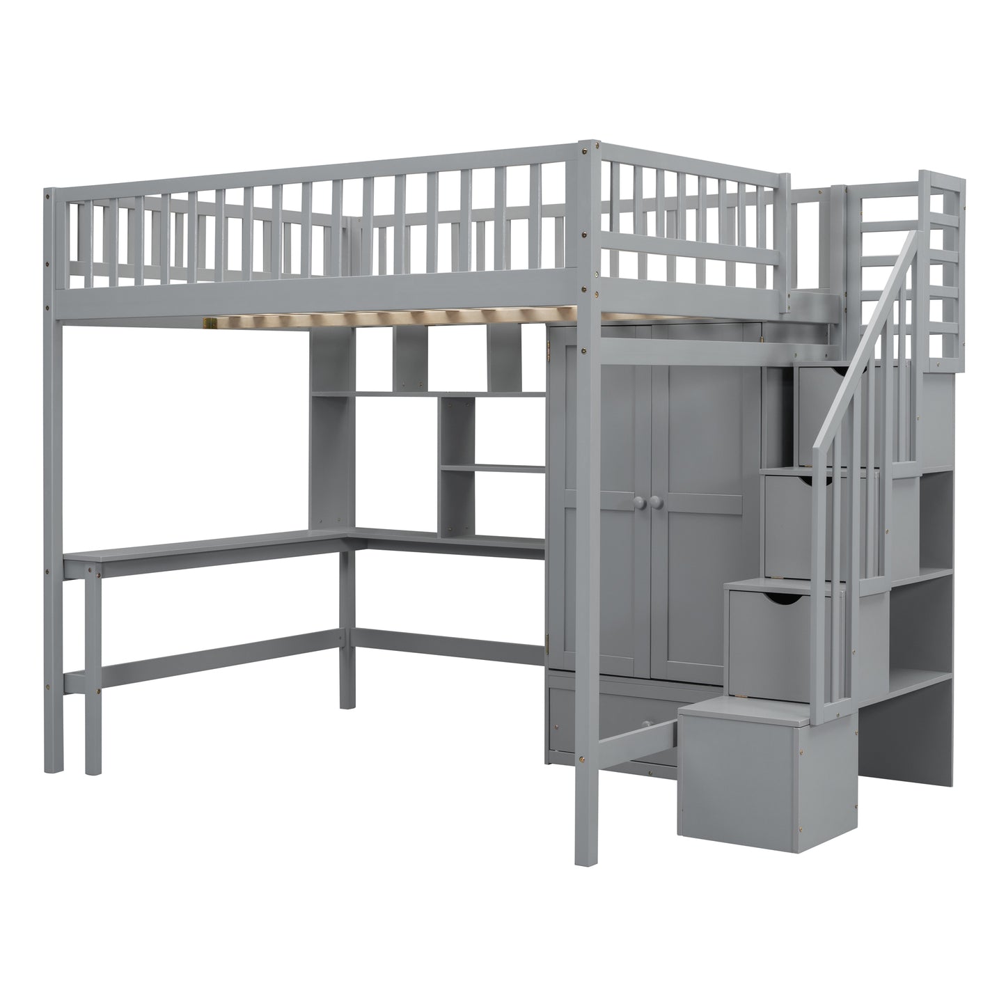 Gray loft bed with desk and storage shelves