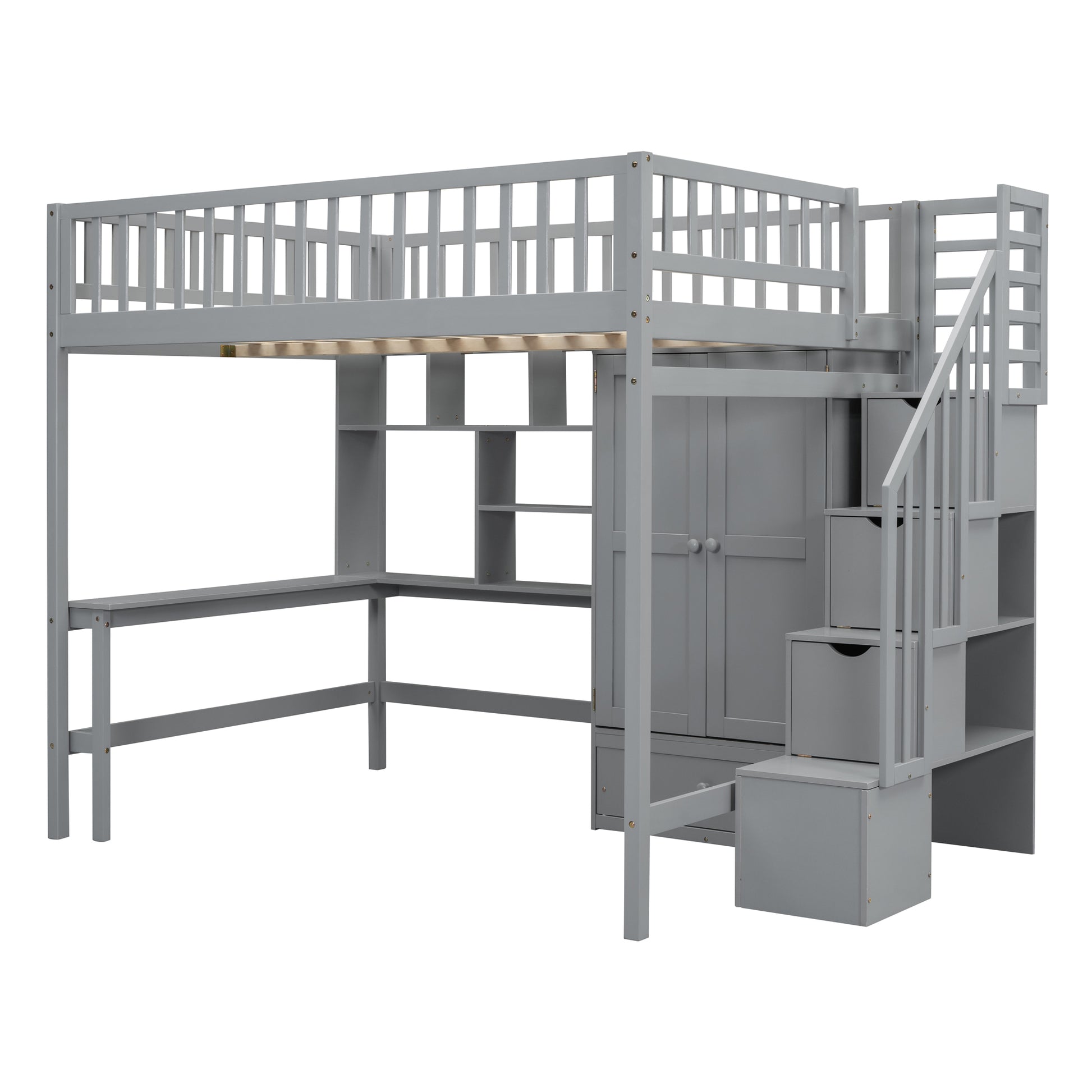 Gray loft bed with desk and storage shelves