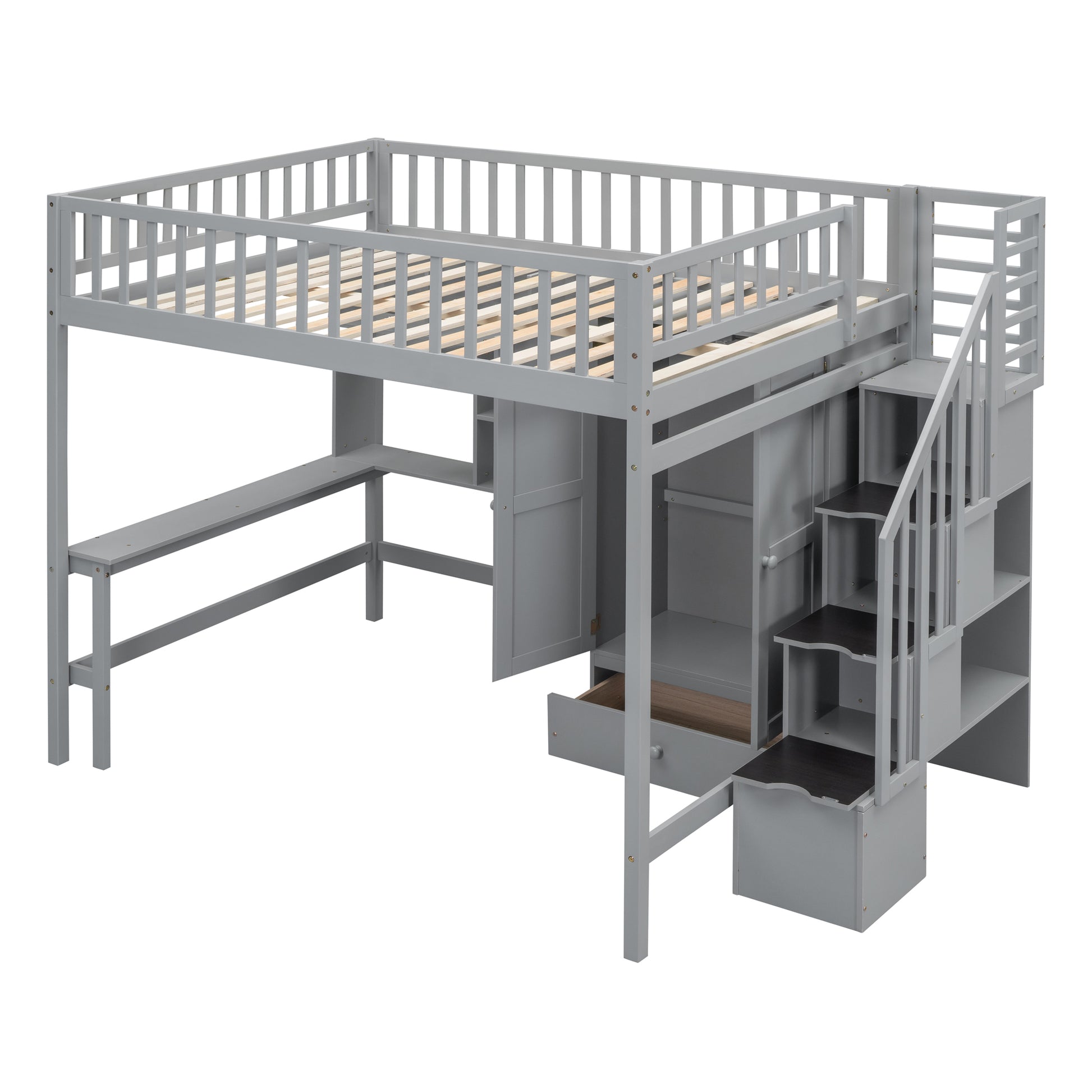 Grey wooden loft bed with desk and storage stairs