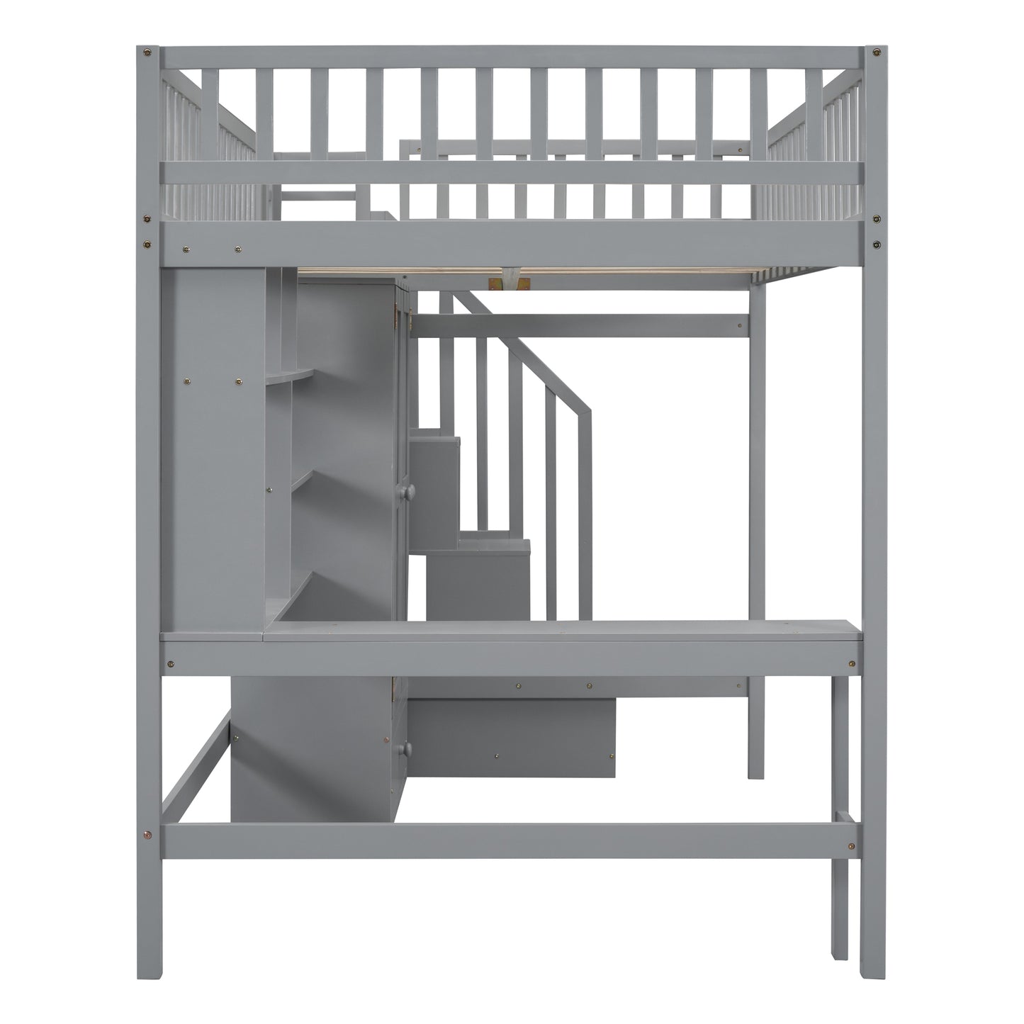 Gray wooden loft bed with integrated desk stairs and shelving for spacesaving childrens bedroom