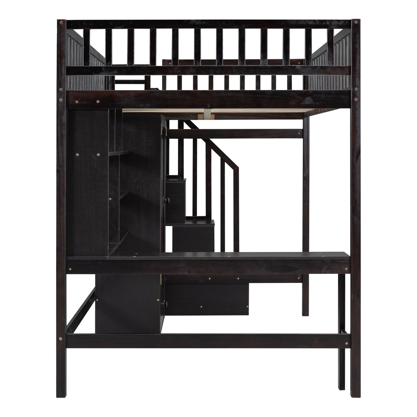 Dark espresso loft bed with integrated desk and stairs