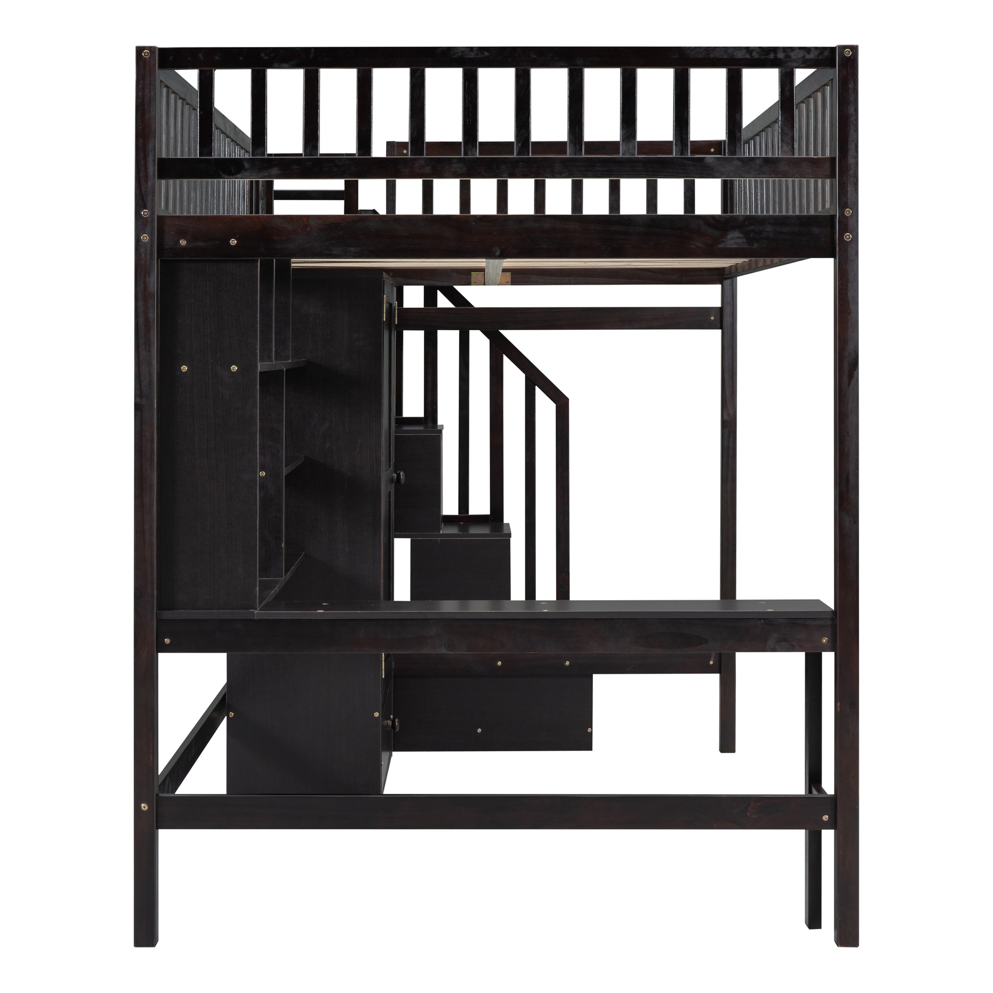 Dark espresso loft bed with integrated desk and stairs
