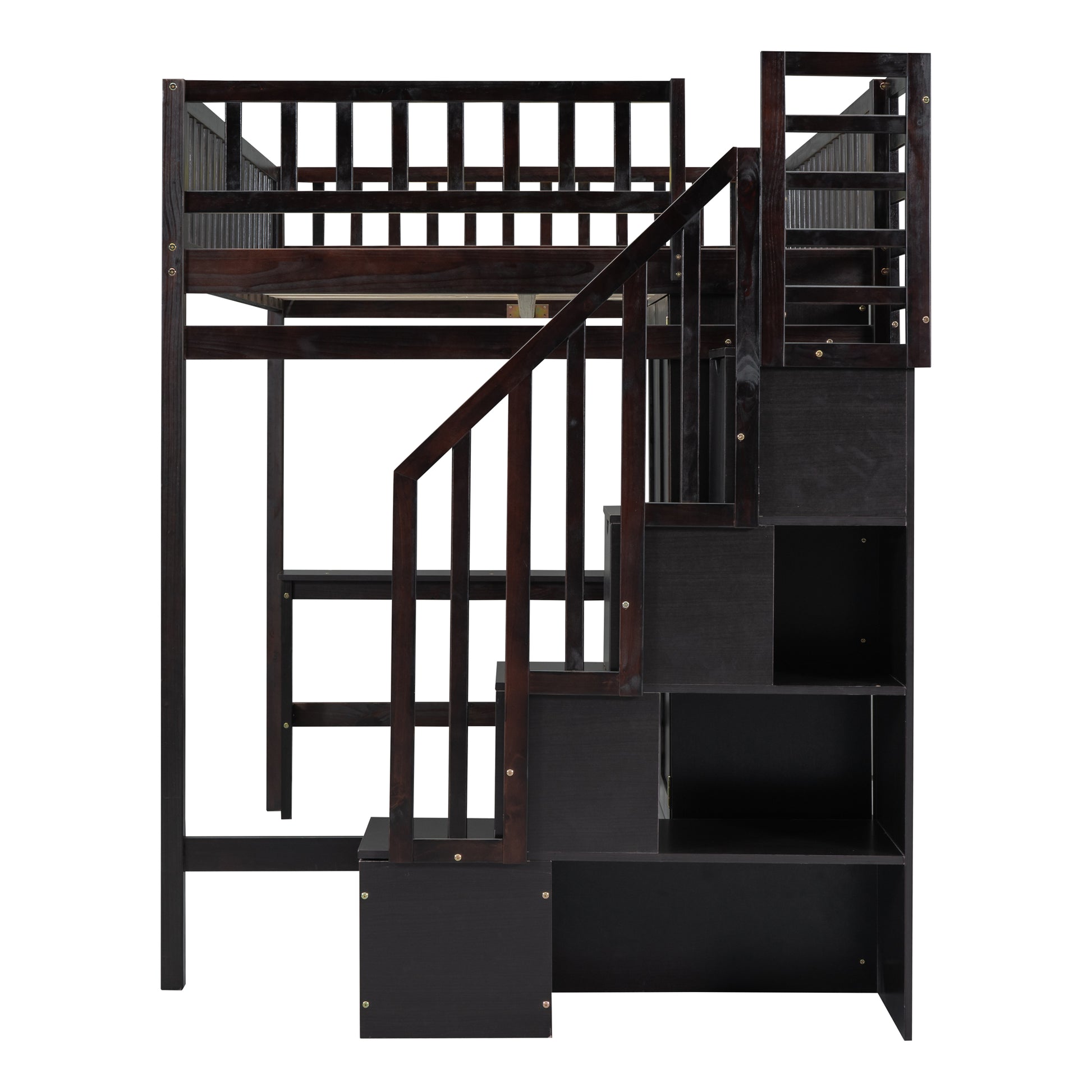 Dark wood loft bed with builtin staircase and storage drawers