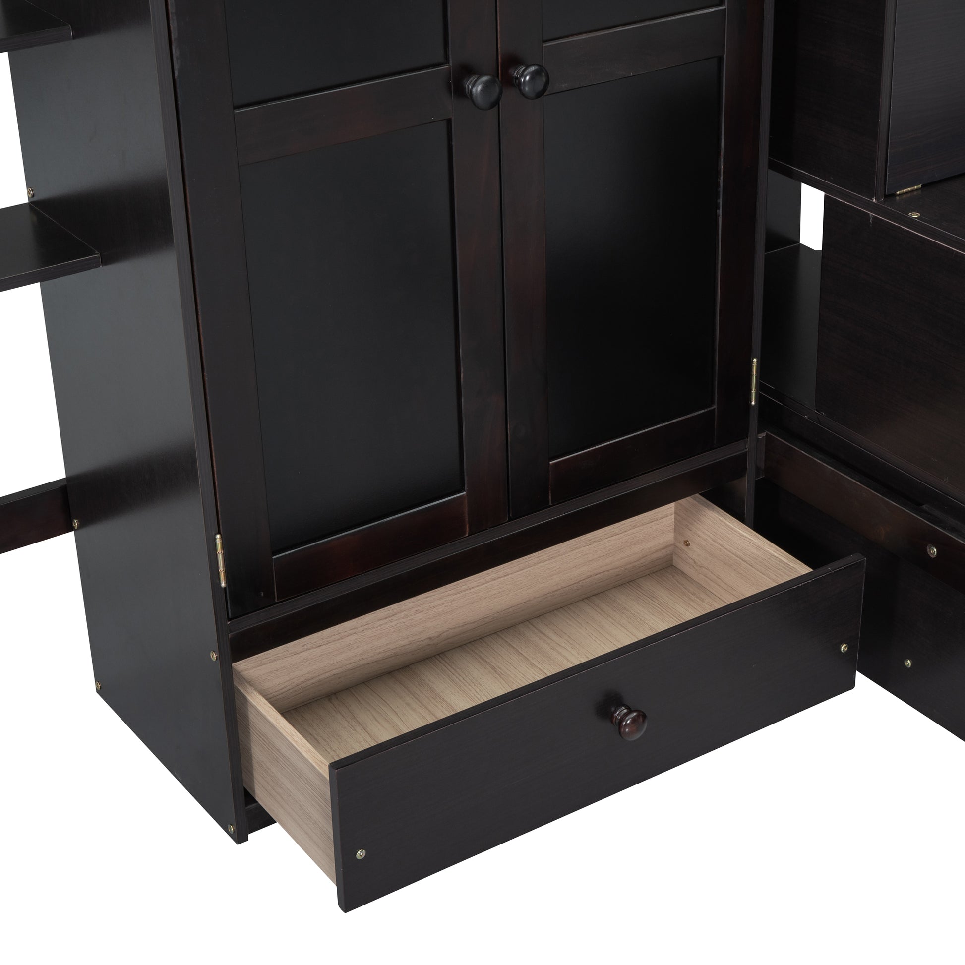 Dark brown wood cabinet with an open drawer and two closed doors