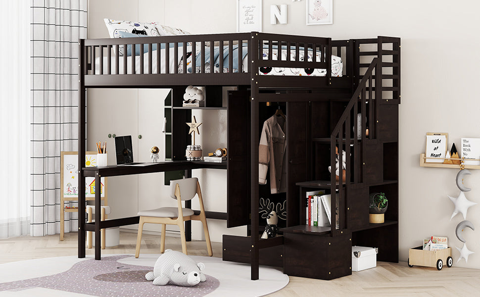 Dark brown loft bed with desk and stairs