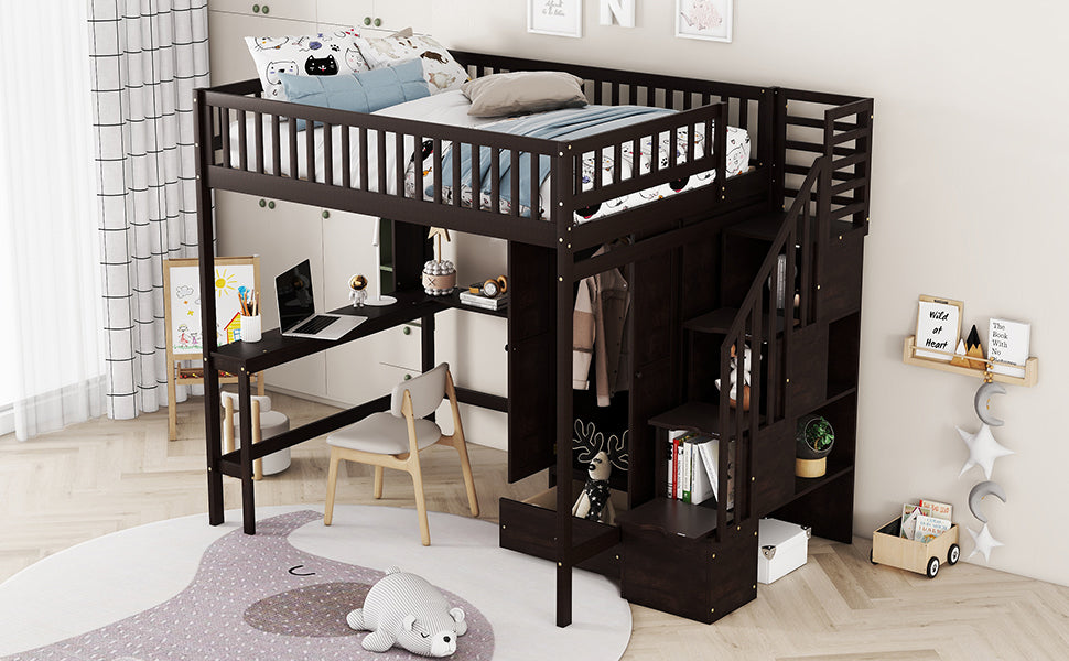 Dark wood loft bed with integrated desk and stairs
