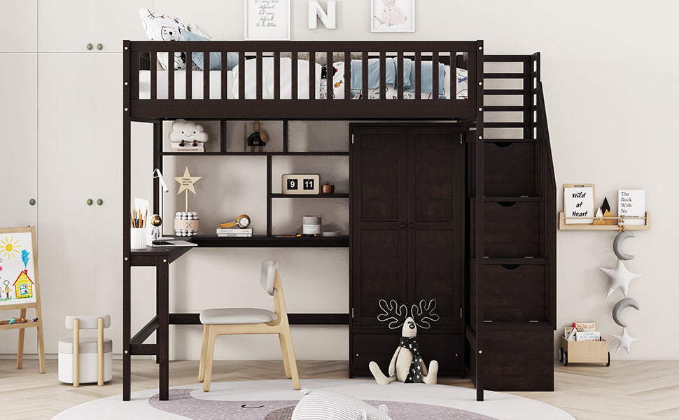 Dark brown wooden loft bed with integrated desk and wardrobe for kids