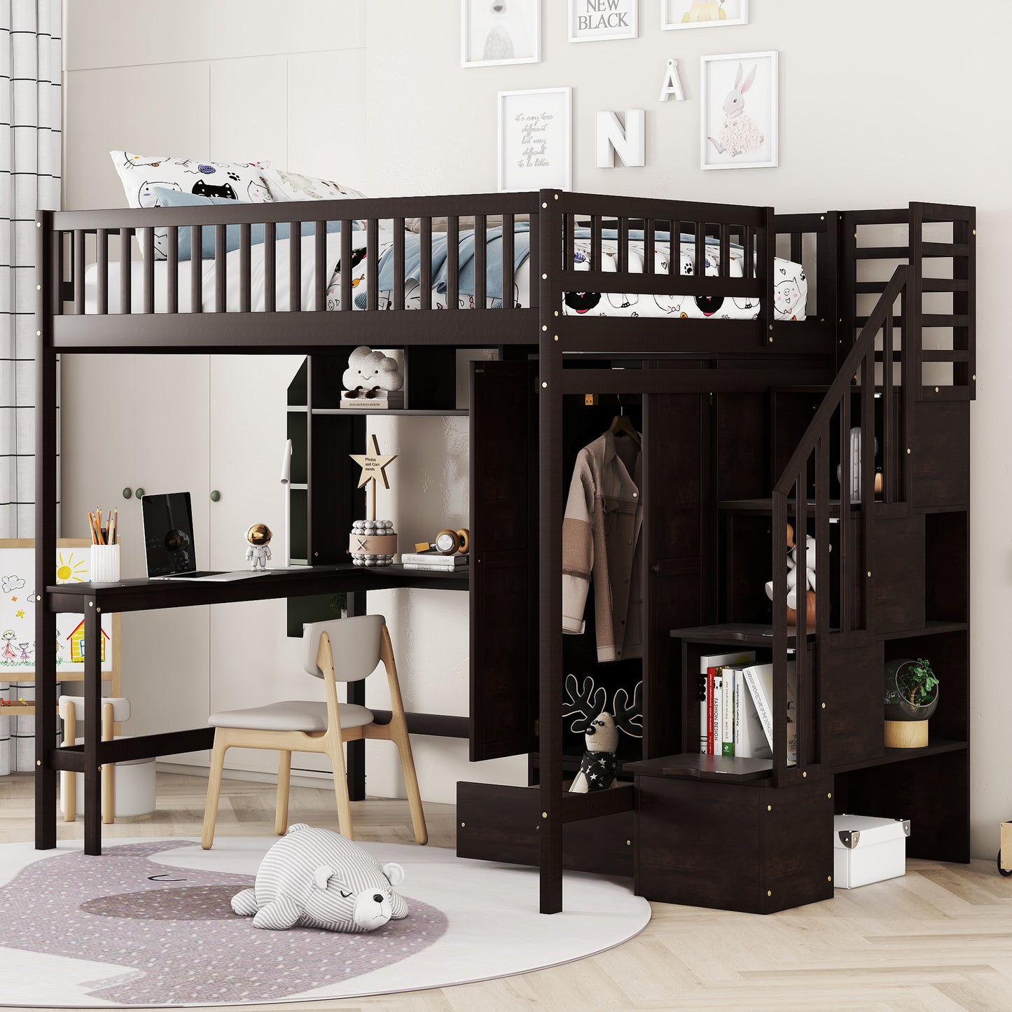 Dark wood loft bed with integrated desk and stairs