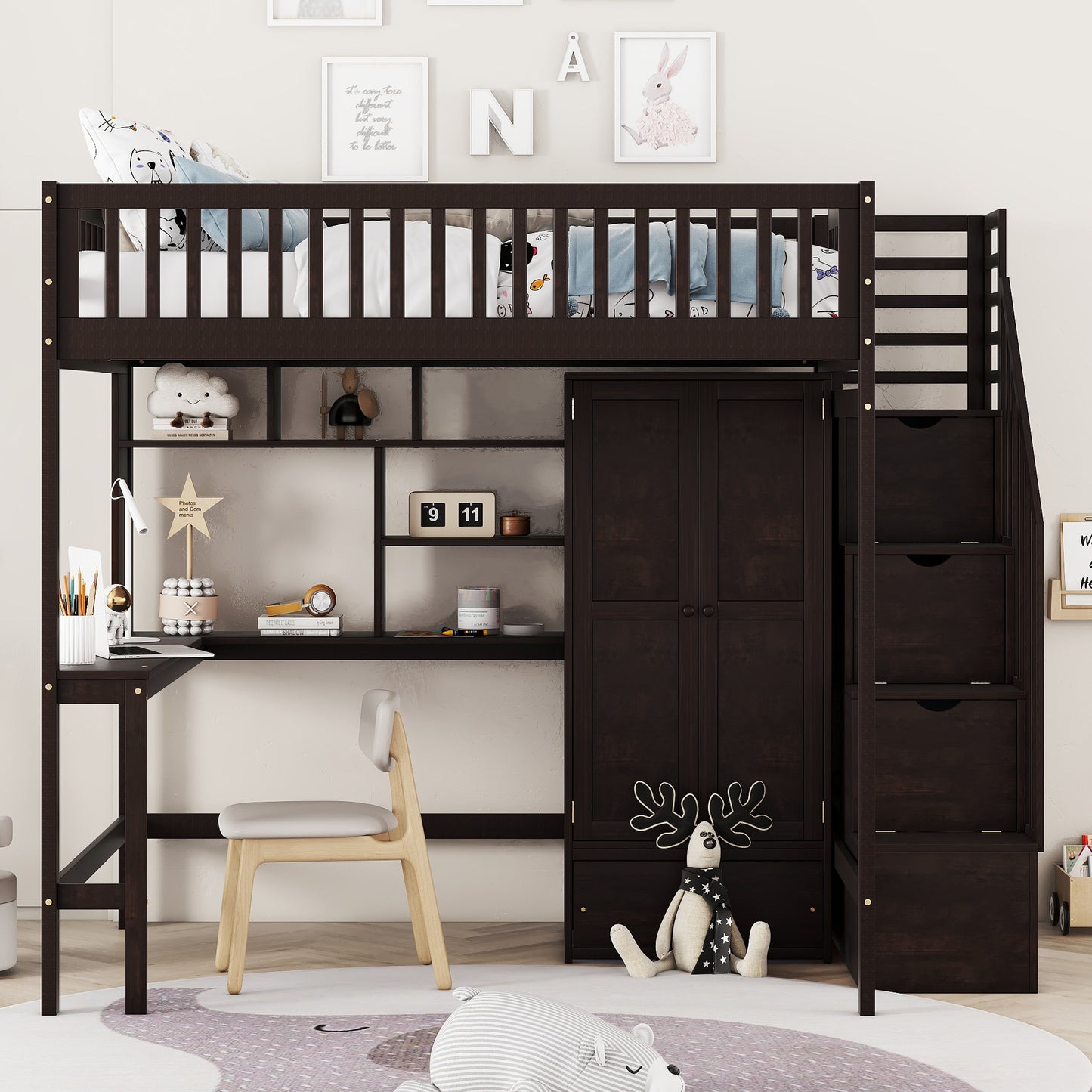 Dark wood loft bed with integrated desk and storage