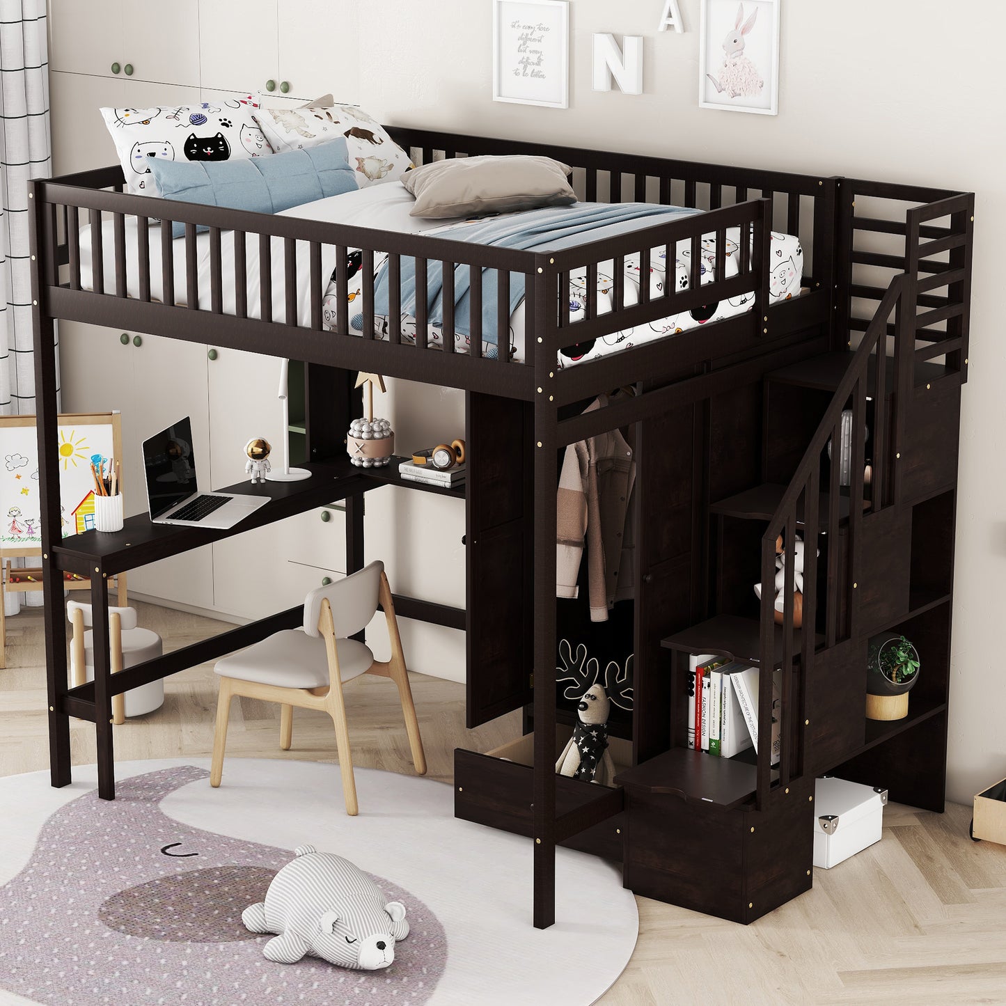 Dark wood loft bed with builtin desk and stairs