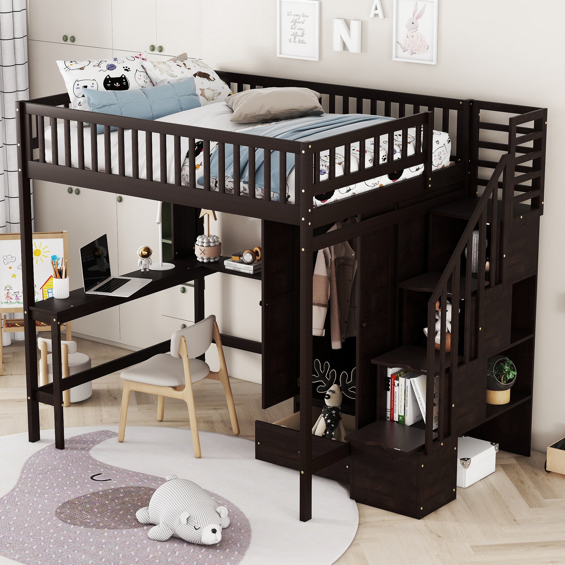 Dark wood loft bed with builtin desk and stairs