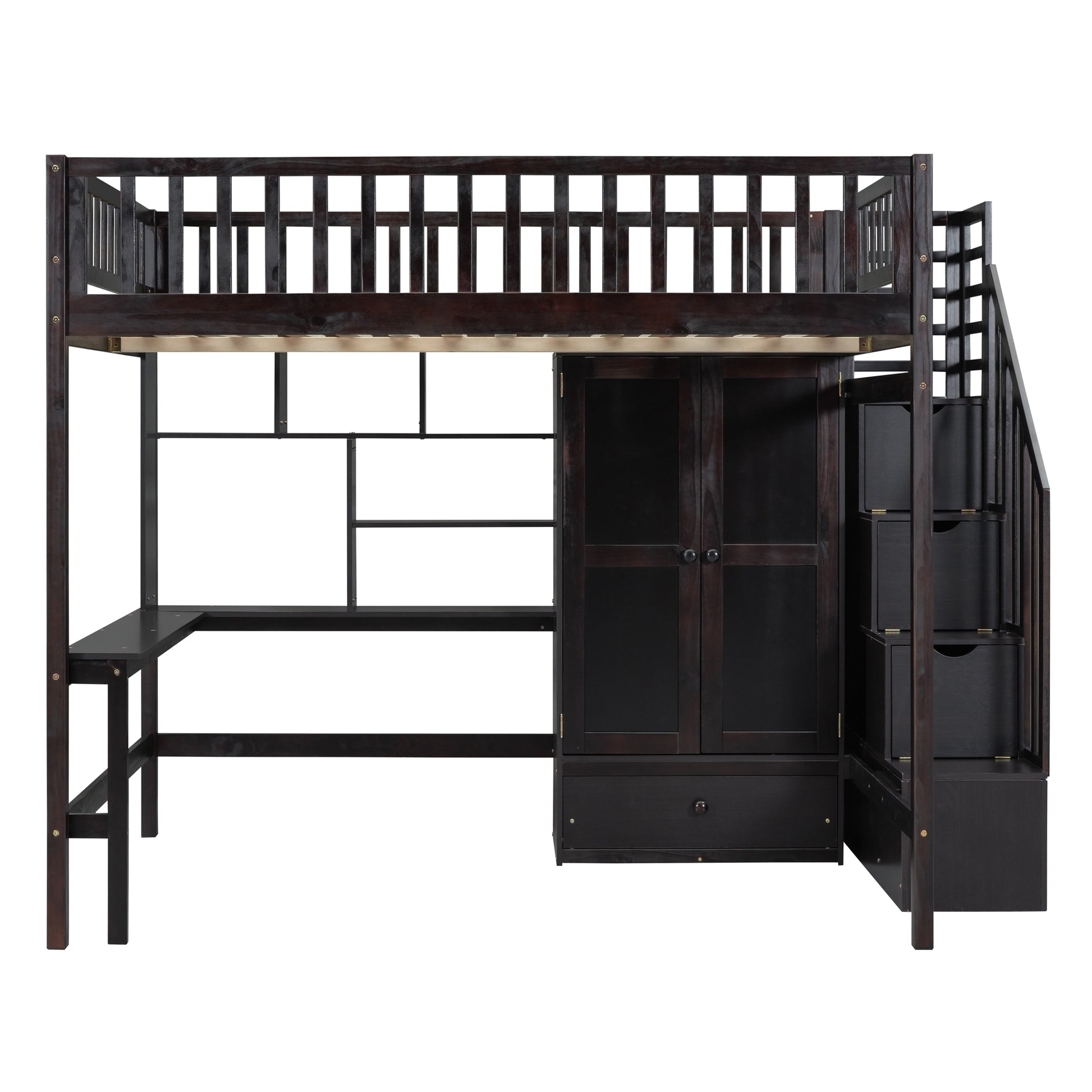 Dark wood loft bed with stairs desk and integrated wardrobe ideal for small bedrooms
