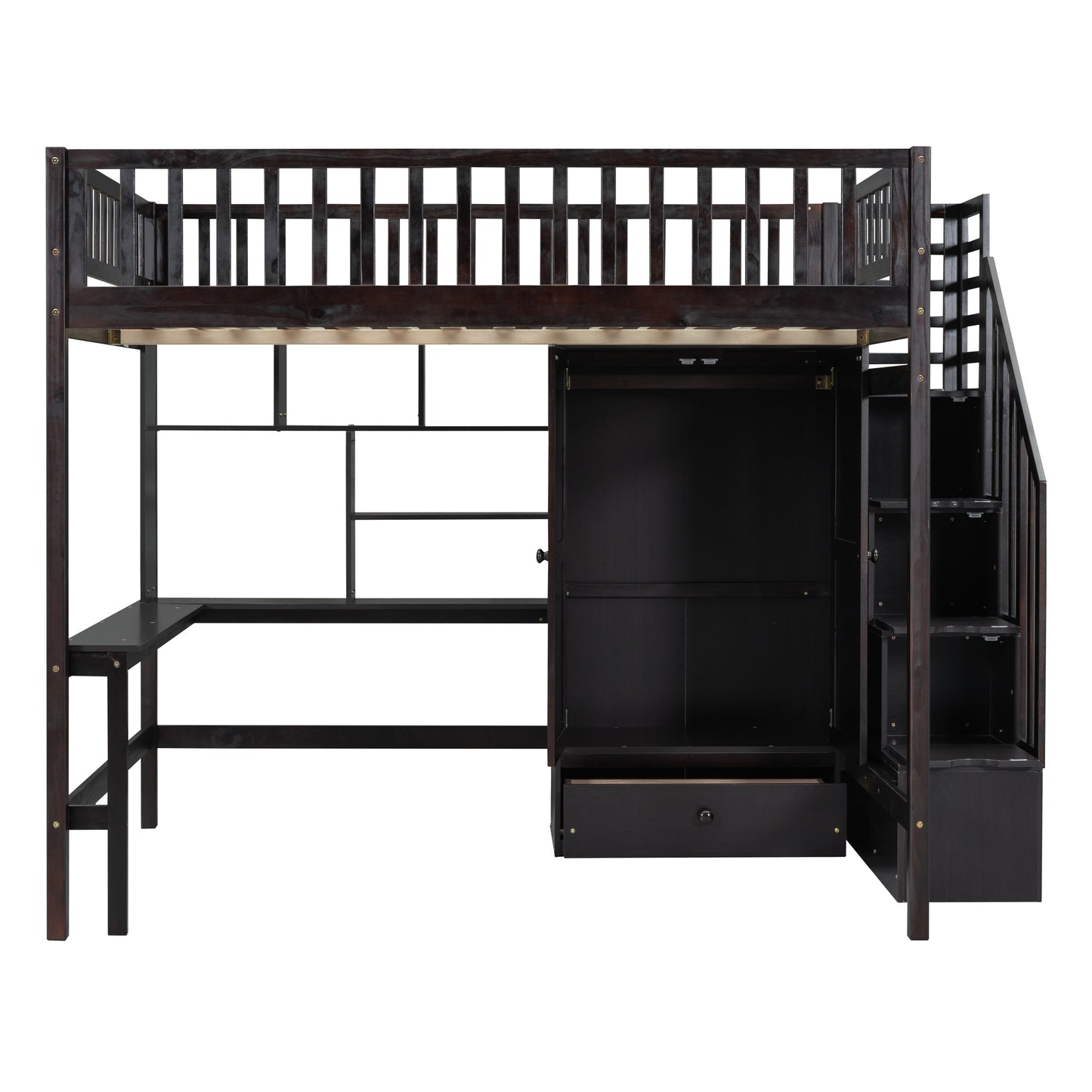 Dark espresso loft bed with integrated desk and storage