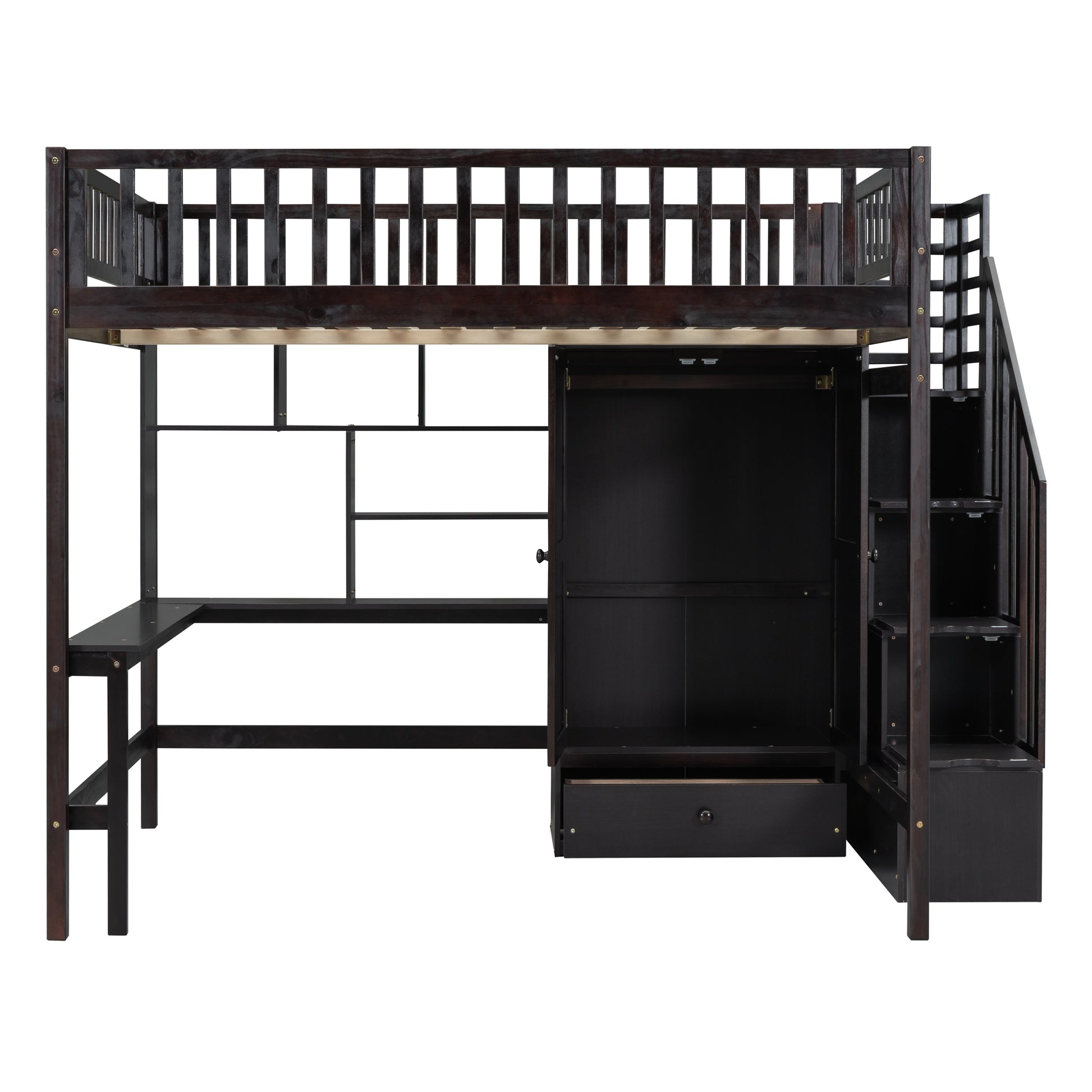 Dark espresso loft bed with integrated desk and storage