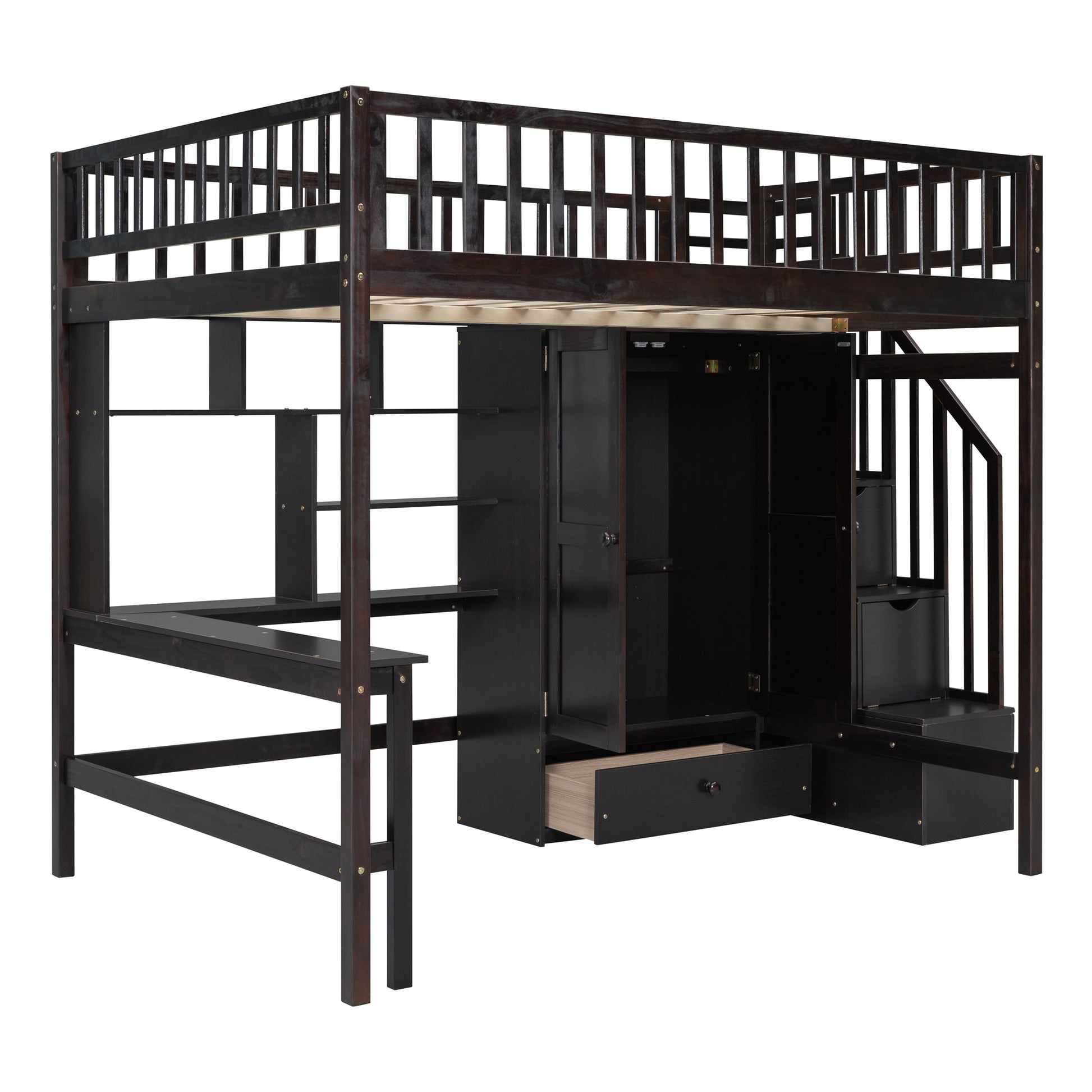 Dark espresso wooden loft bed with integrated desk and wardrobe Perfect for kids rooms