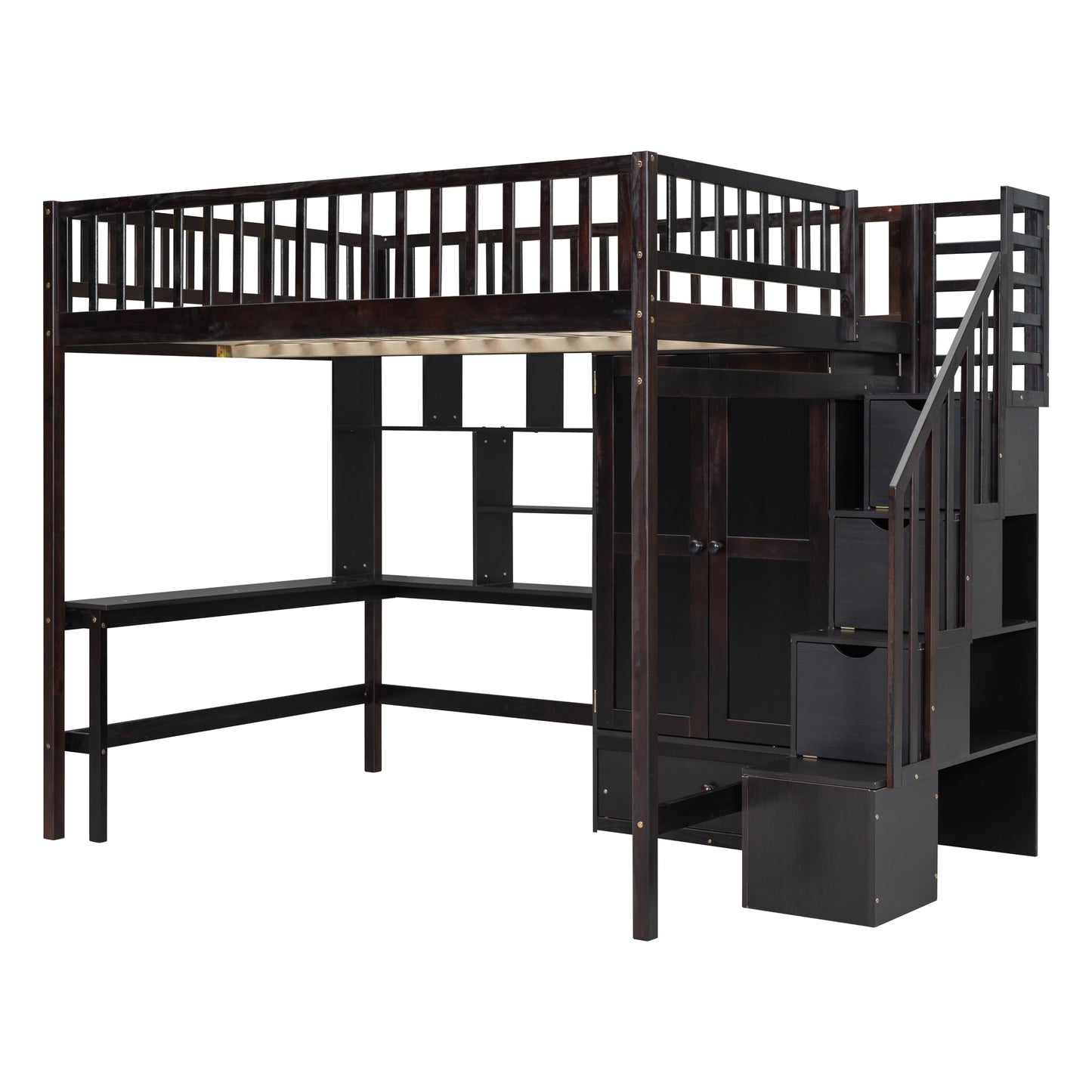 Dark brown wooden loft bed with stairs desk and builtin storage for kids rooms