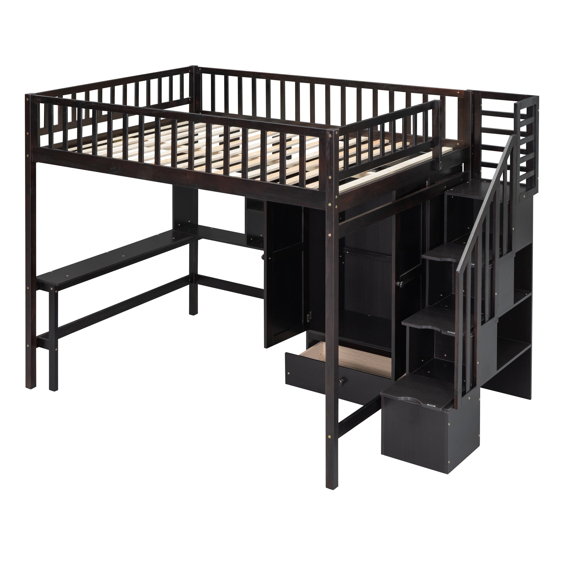 Dark wood loft bed with stairs and storage