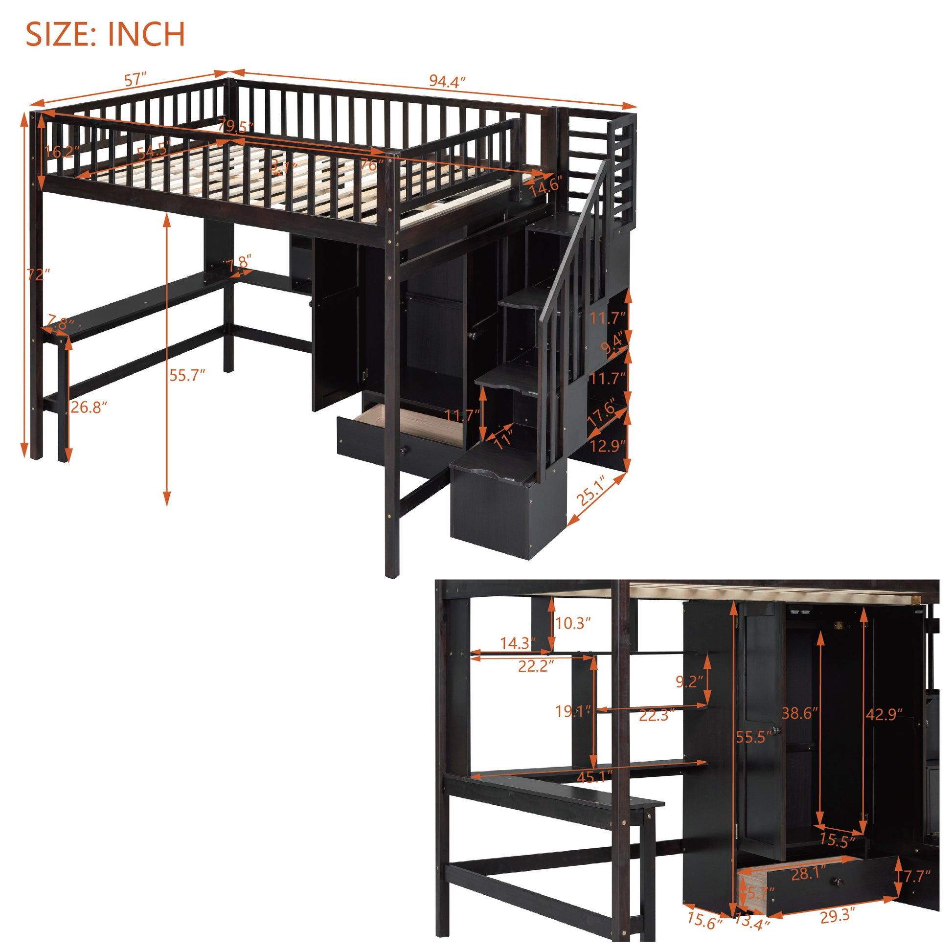 Dark wood loft bed with stairs desk and storage drawers Dimensions are shown