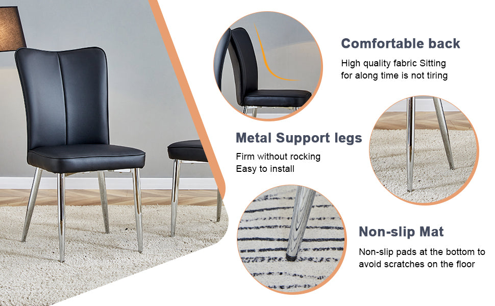 Black leather dining chair with comfortable back and chrome metal legs