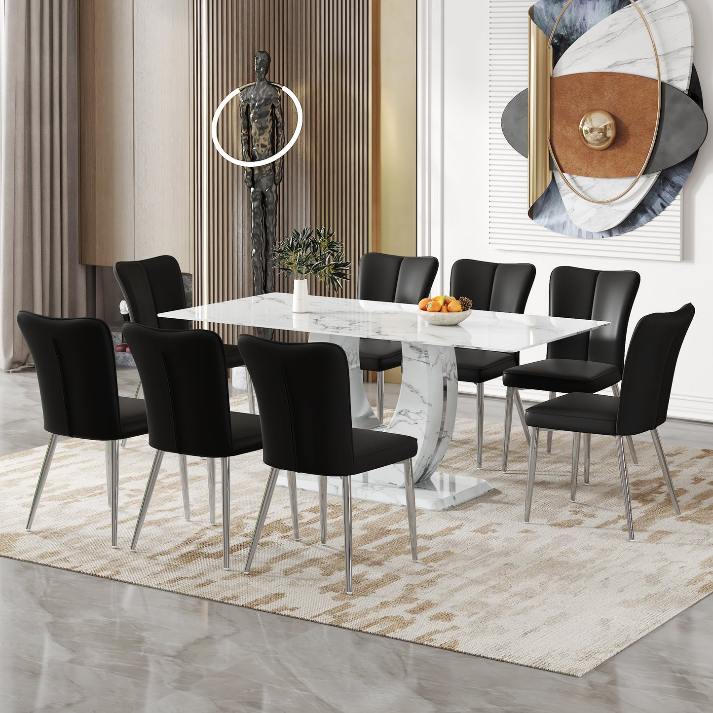 Modern white marble dining table with chrome legs