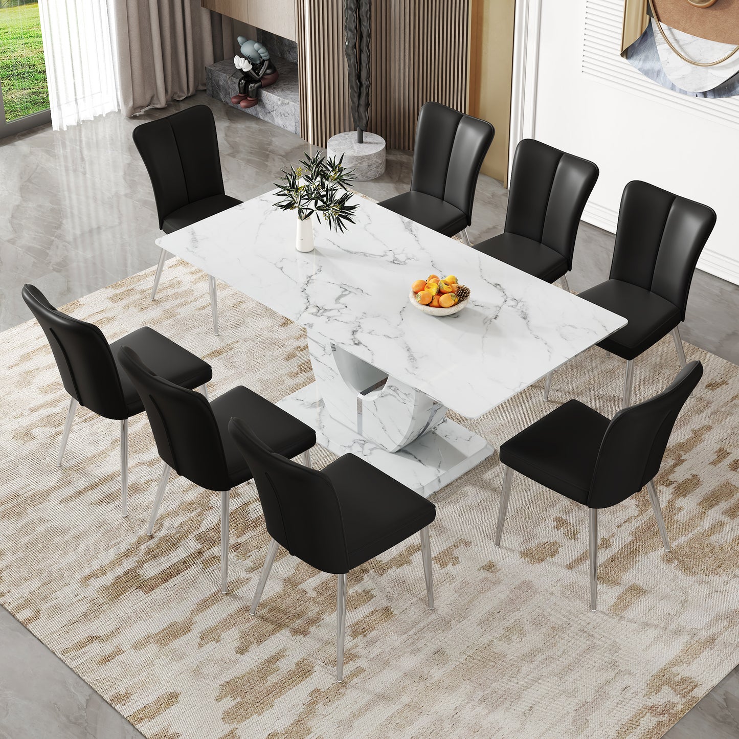 Modern dining set with white marblelook tabletop and black upholstered chairs