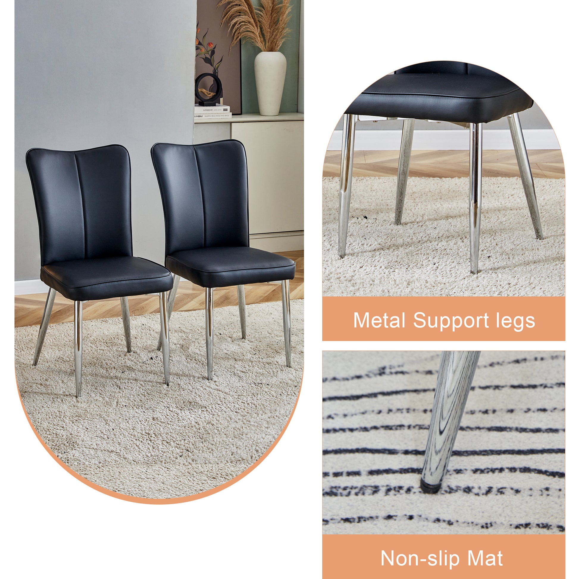 Two black faux leather dining chairs with chrome legs on a cream rug