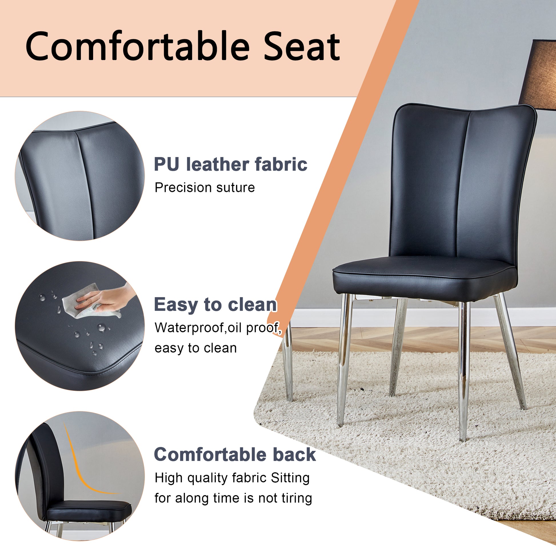 Black PU leather dining chair with precision stitching and chrome legs