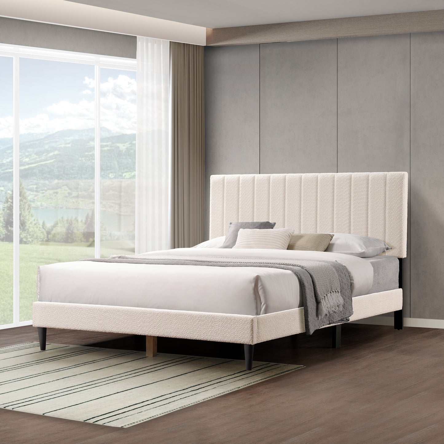 Cream boucle upholstered bed with vertical channel tufted headboard
