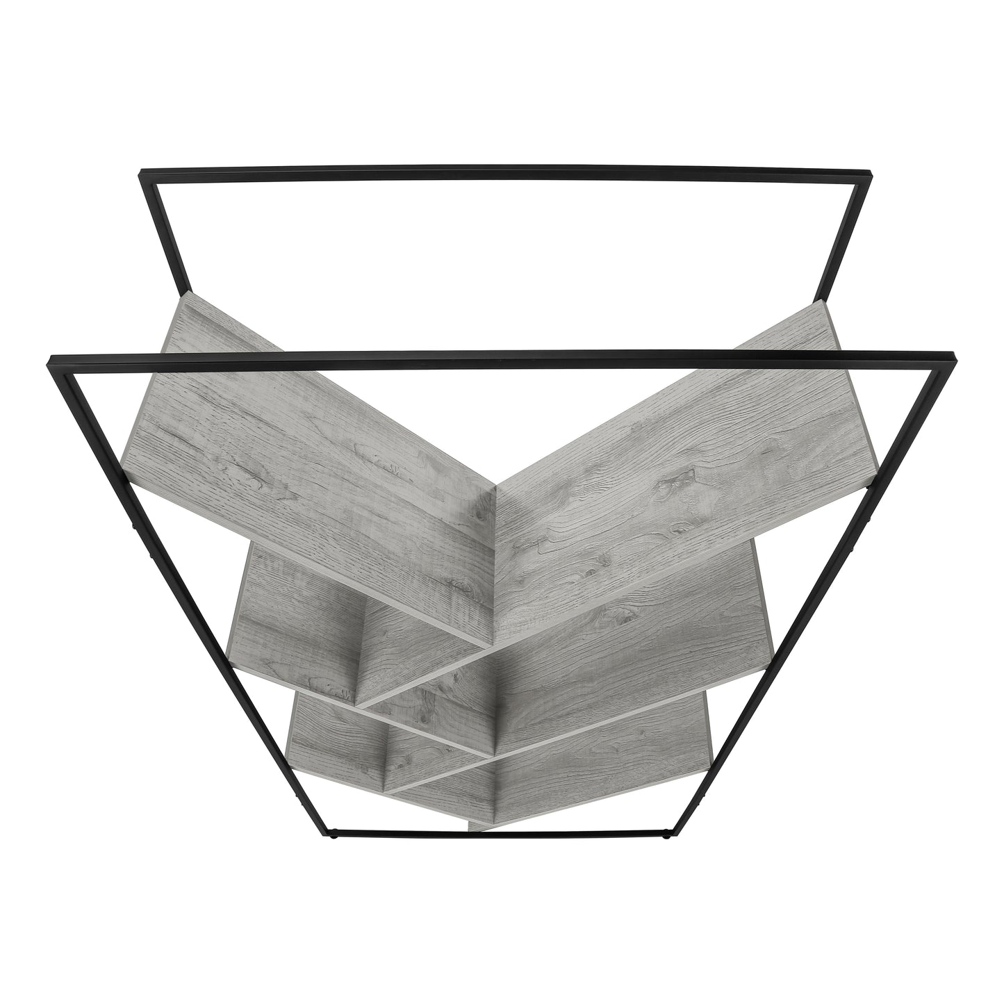 Modern geometric bookshelf with light gray wood shelves and black metal frame