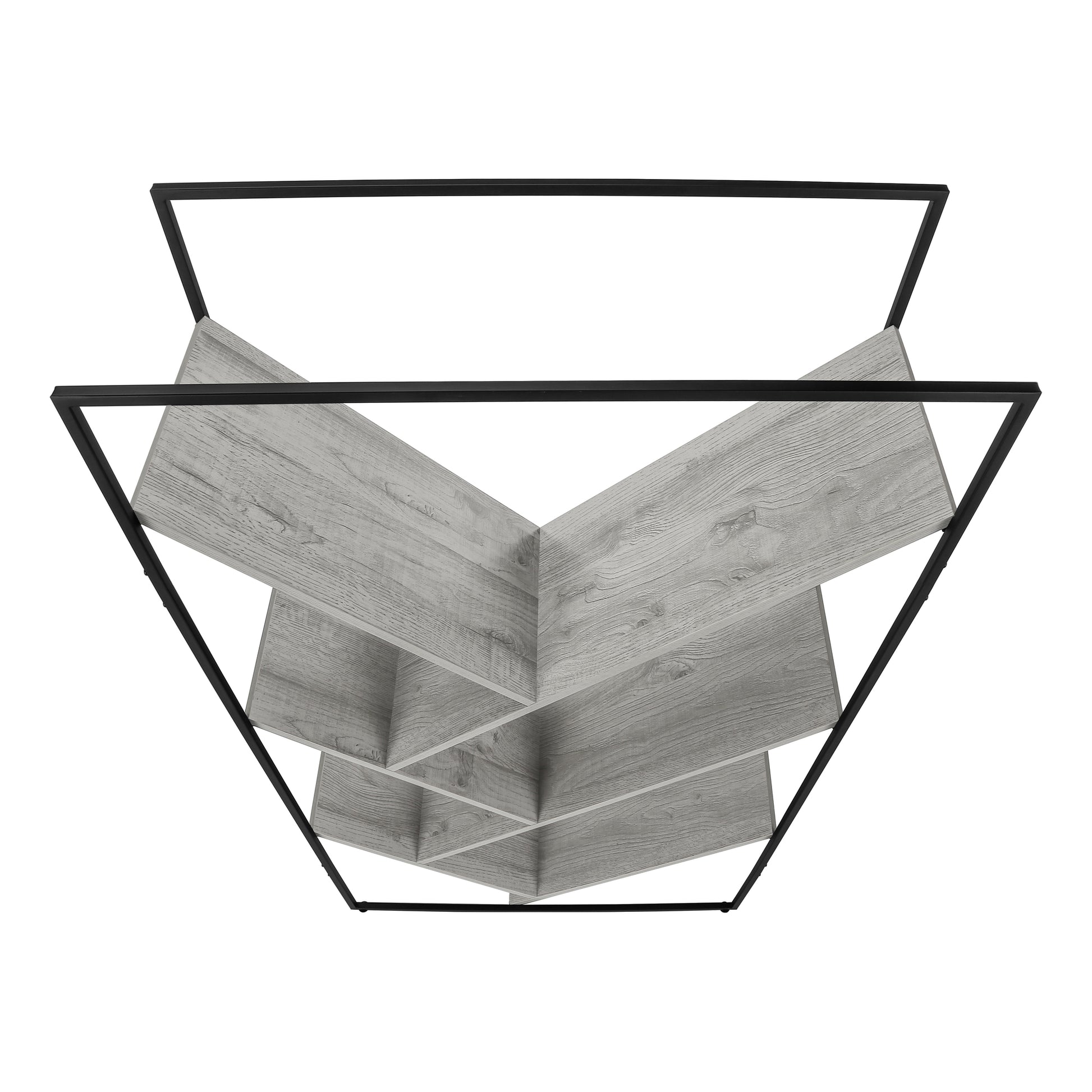 Modern geometric bookshelf with light gray wood shelves and black metal frame