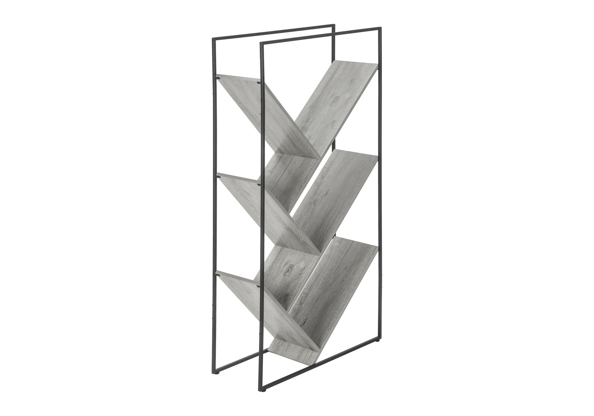 Modern gray wood bookshelf with black metal frame
