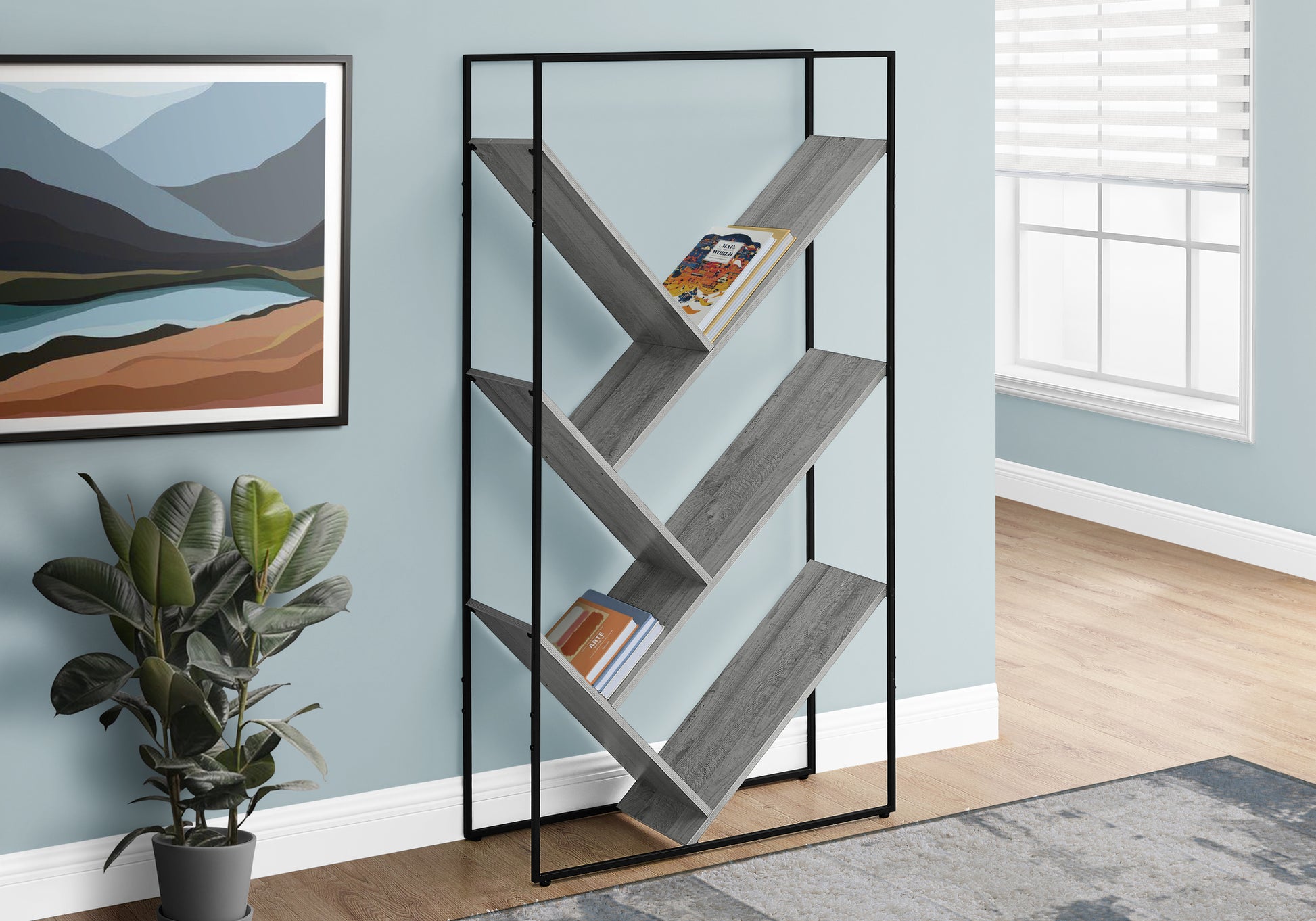 Modern black metal bookshelf with gray wood shelves