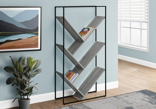 Modern black metal bookshelf with gray wood shelves