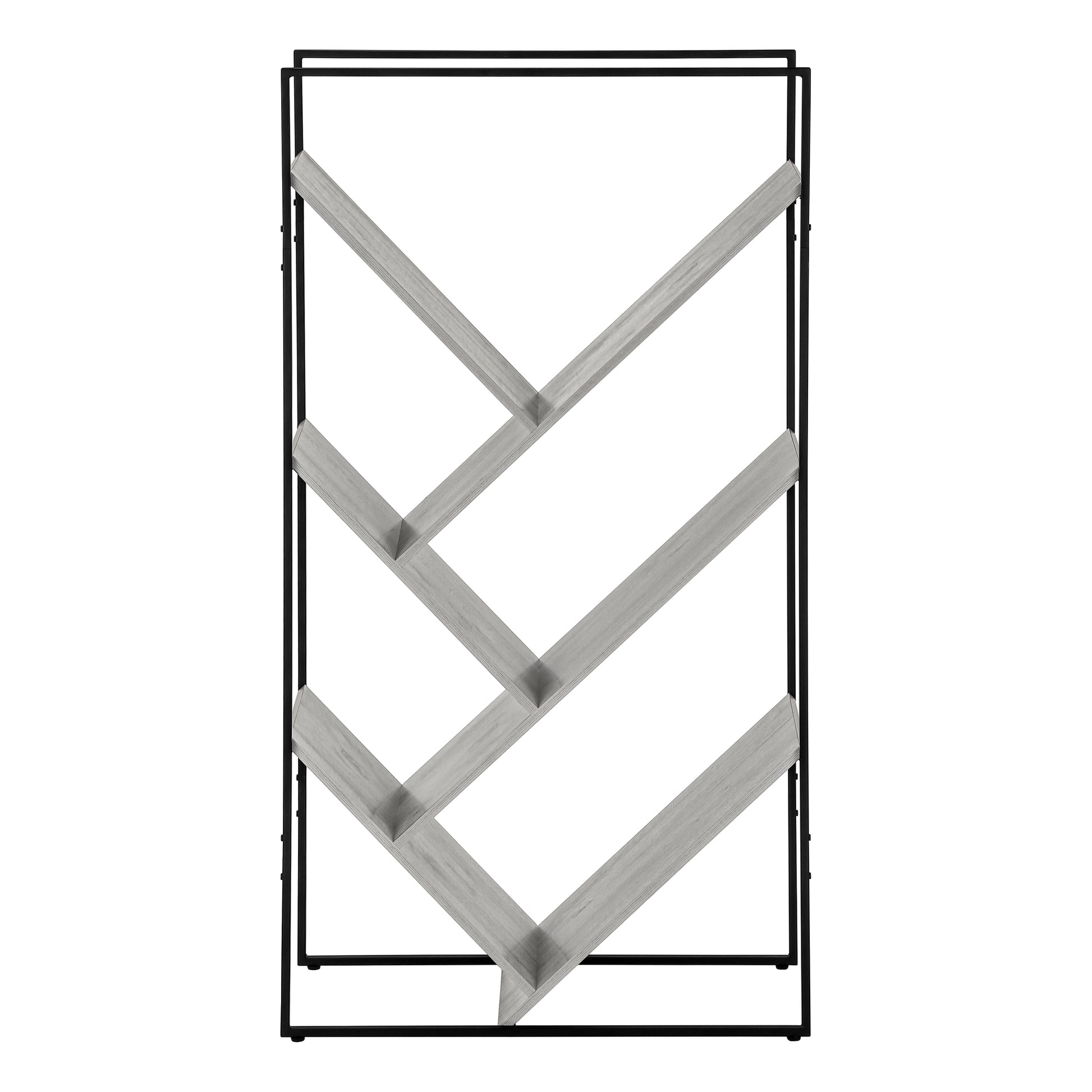 Modern geometric bookshelf with black metal frame and grey wood shelves