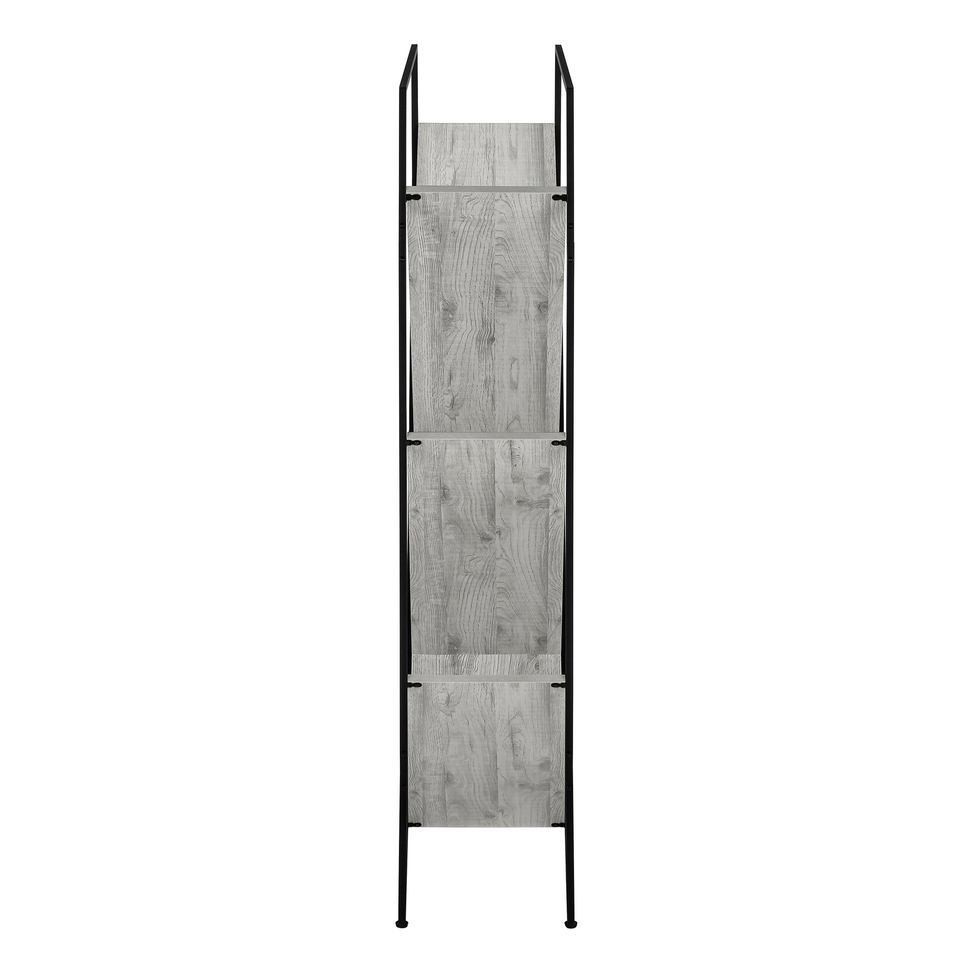 Tall grey wood bookshelf with black metal frame