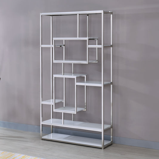 TREATLIFE HOME Contemporary Bookcase with Staggered Shelves for Stylish Home Office, Durable White Laminate and Chrome Design