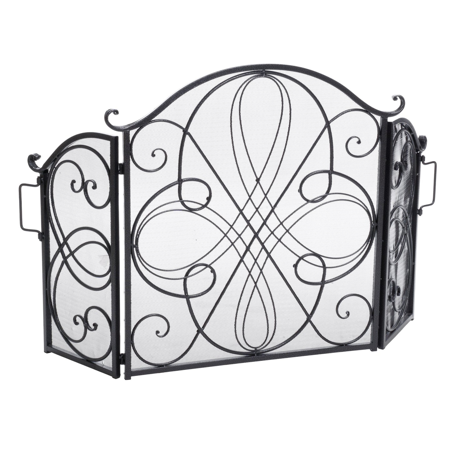 Black metal fireplace screen with ornate scrollwork and curved top