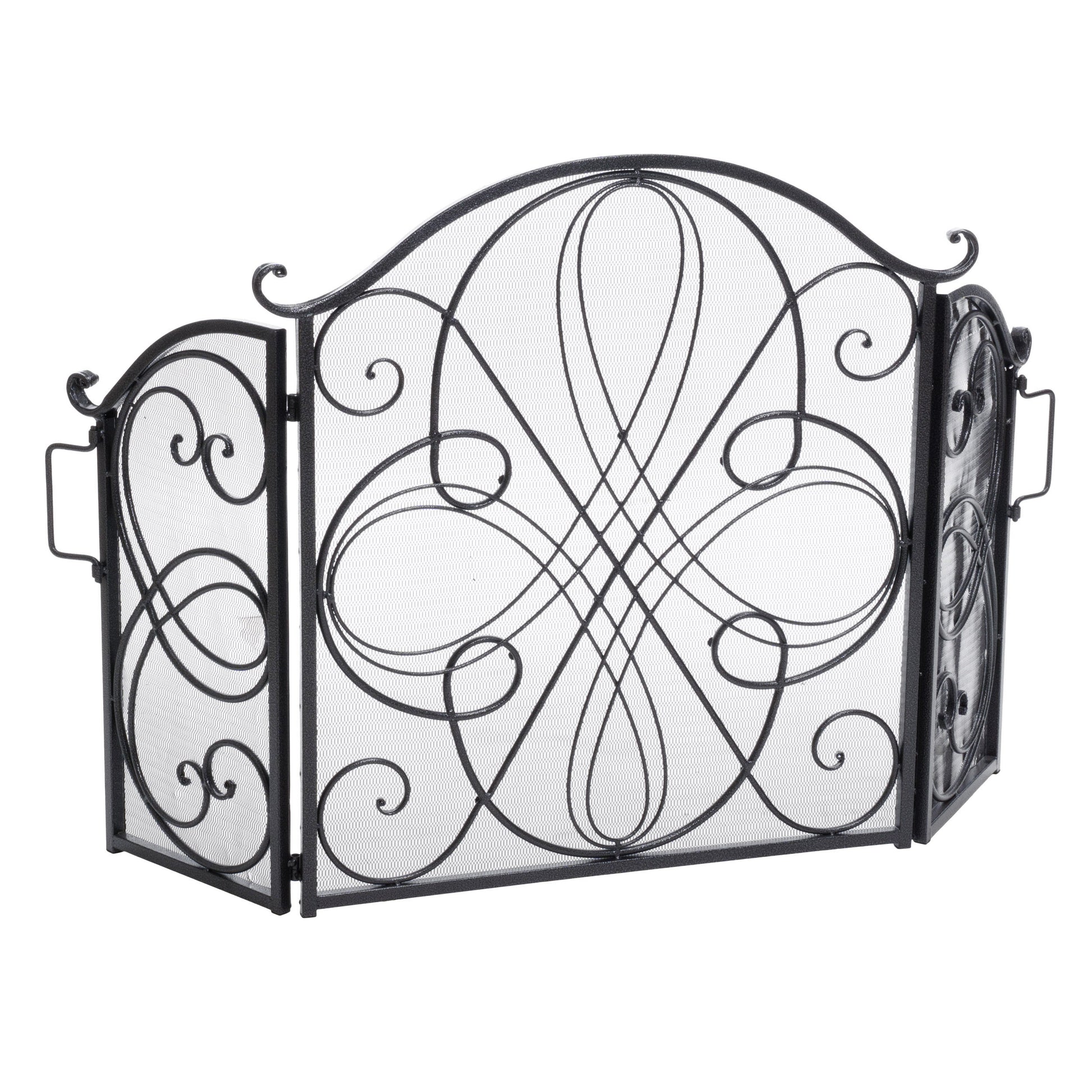 Black metal fireplace screen with ornate scrollwork and curved top