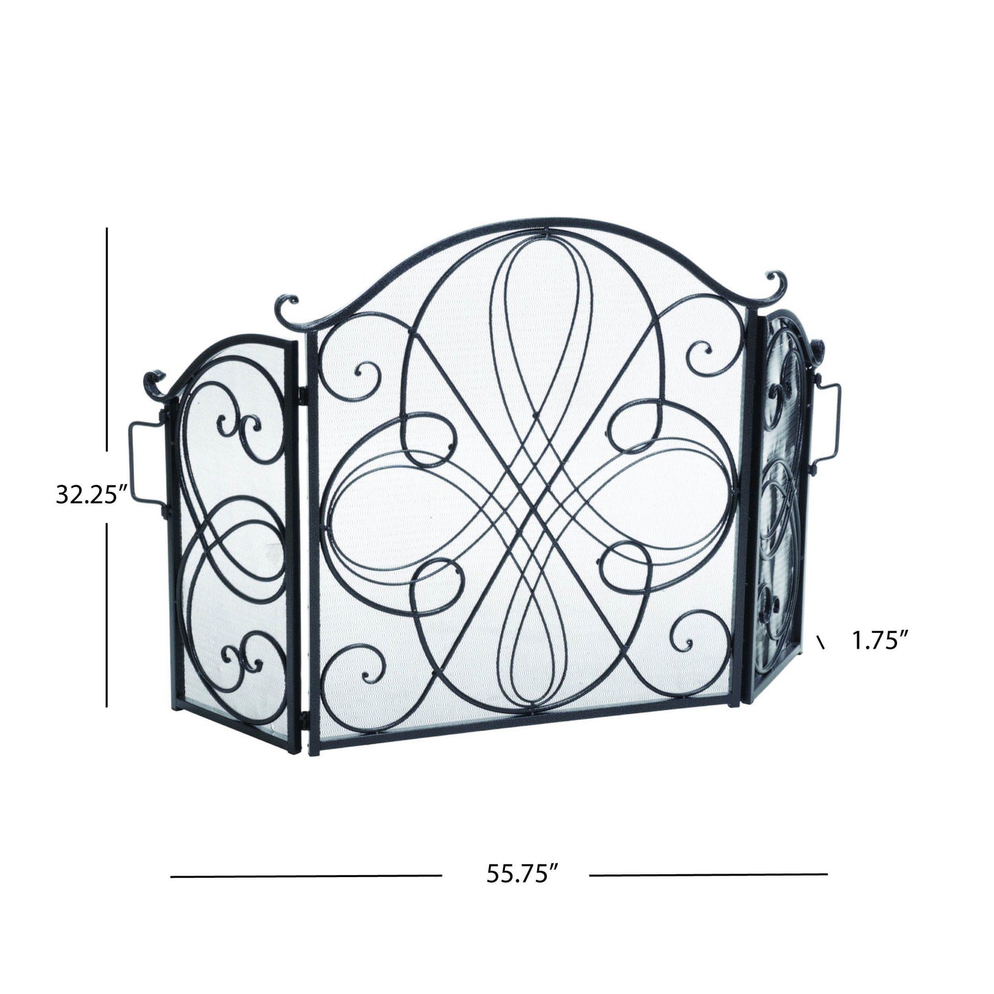 Black metal trifold fireplace screen with ornate scrollwork and curved top panels