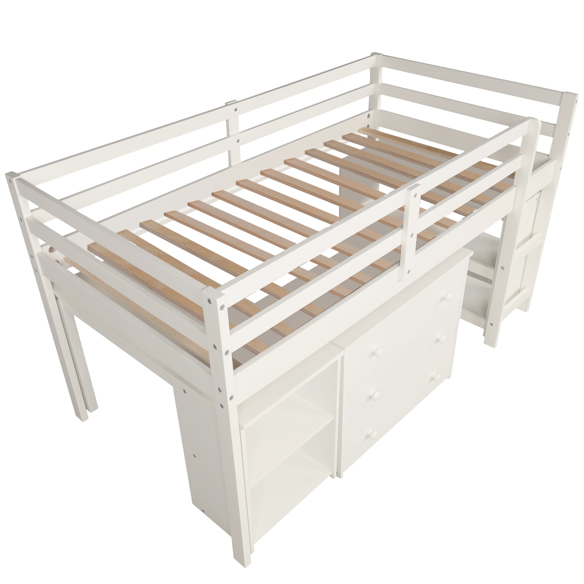 White loft bed with integrated drawers and shelves