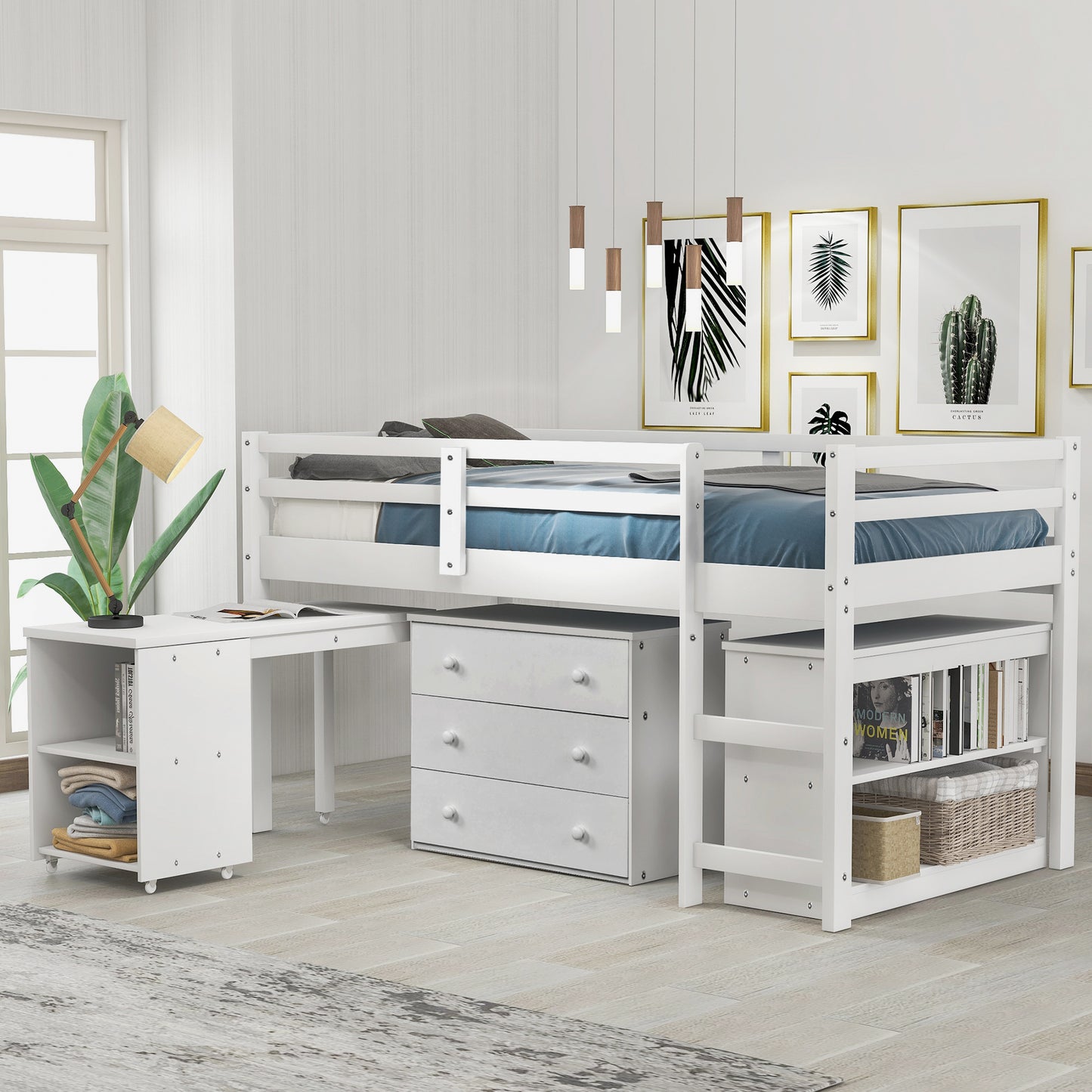 White loft bed with integrated desk and drawers