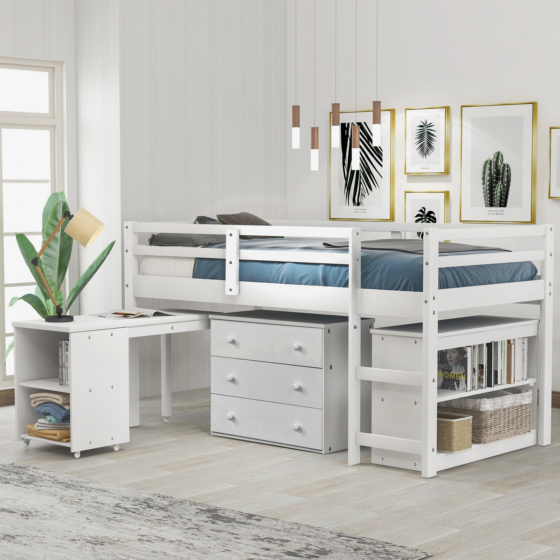 White loft bed with integrated desk and drawers