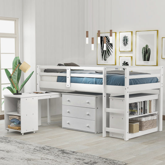 White loft bed with integrated desk and drawers