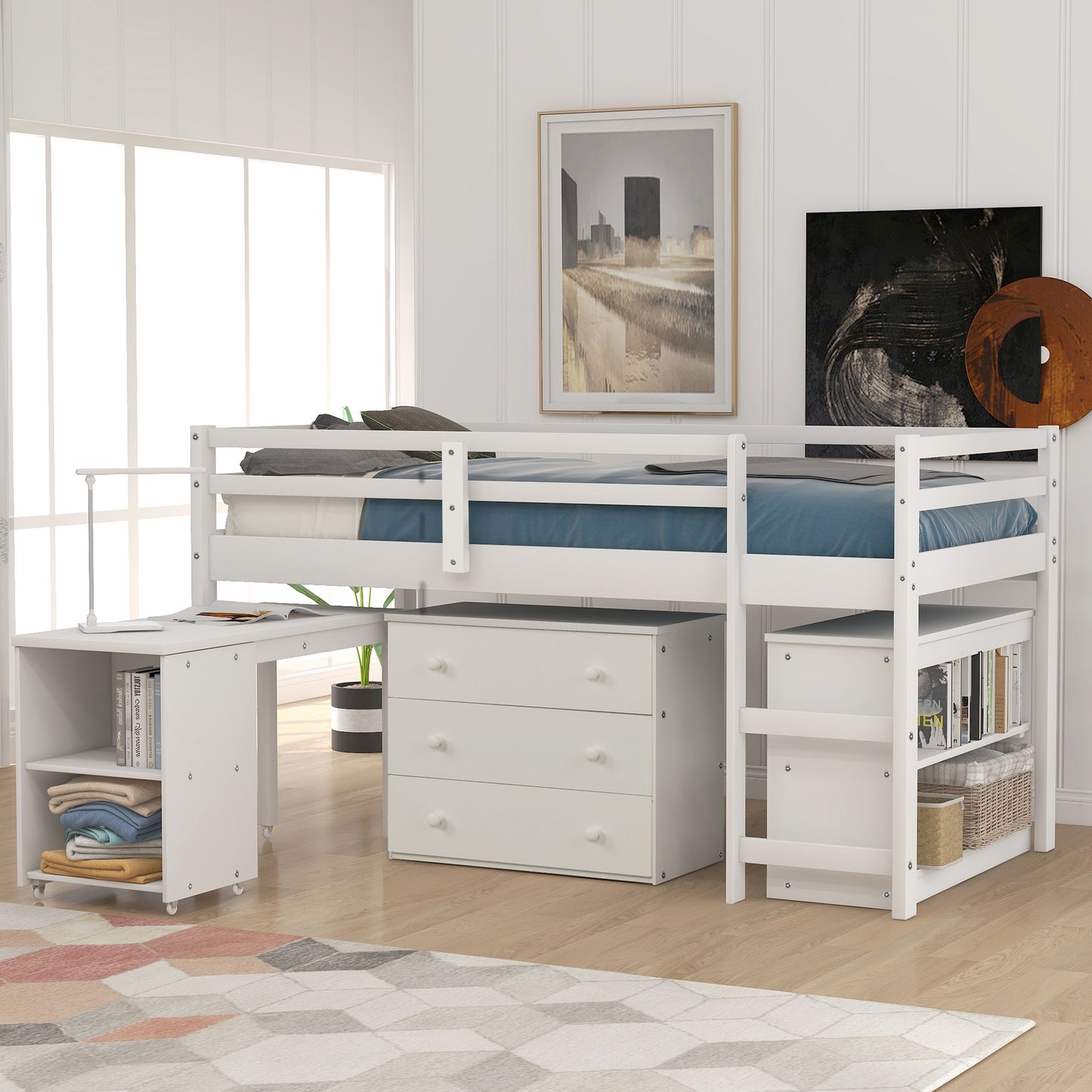 White loft bed with desk and dresser
