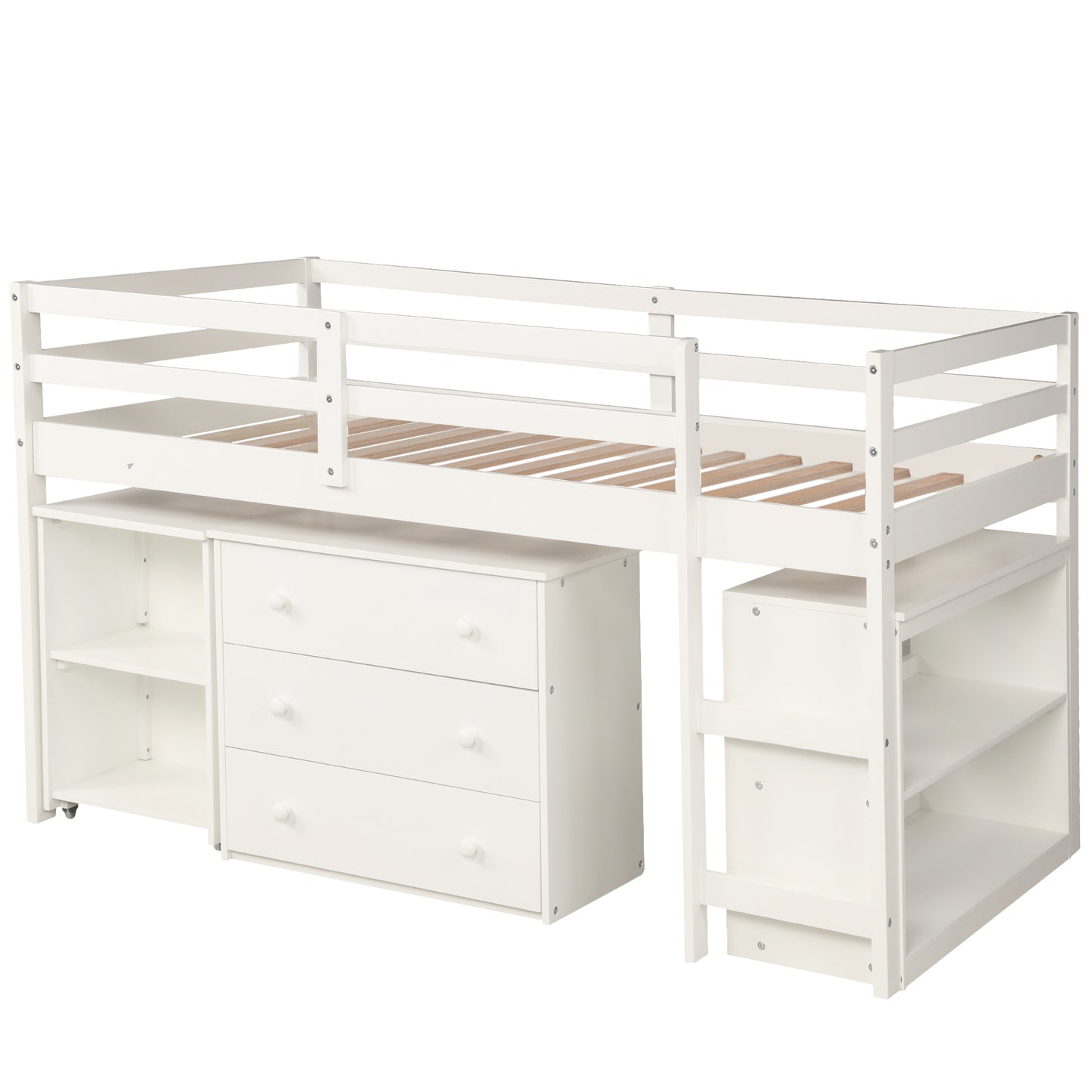 White loft bed with integrated drawers and shelving