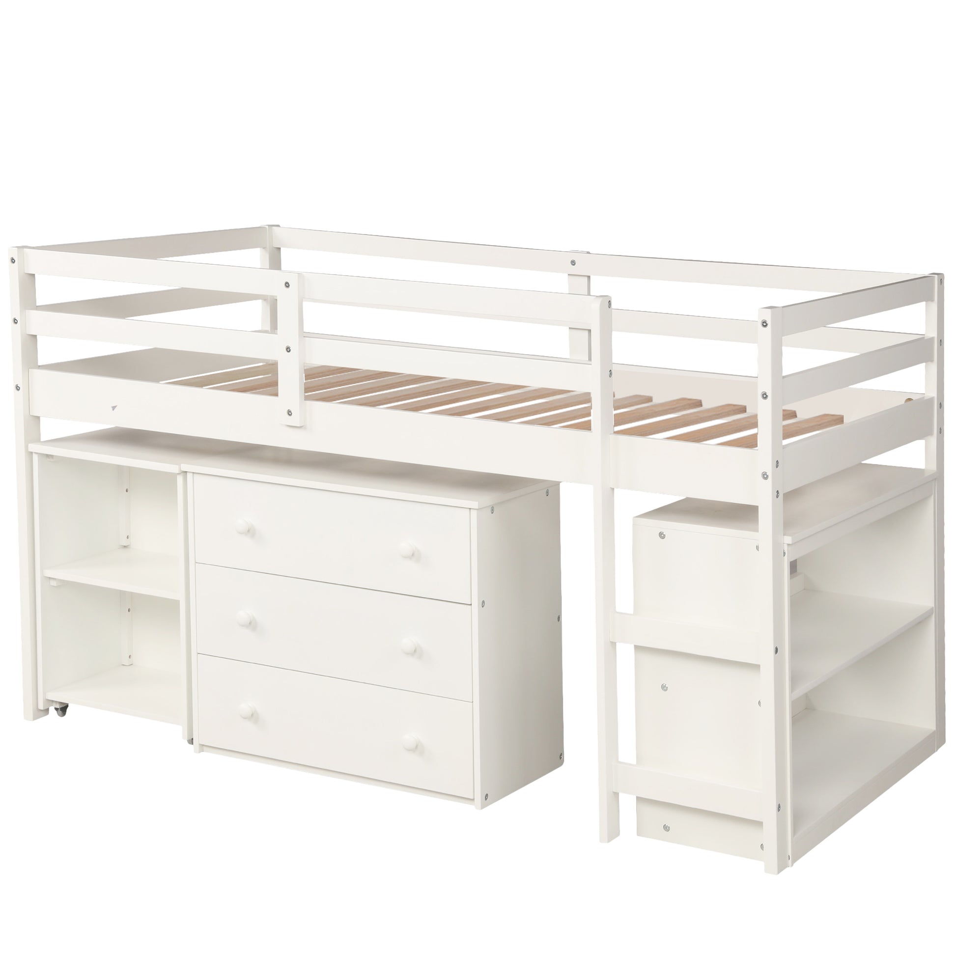 White loft bed with integrated drawers and shelving
