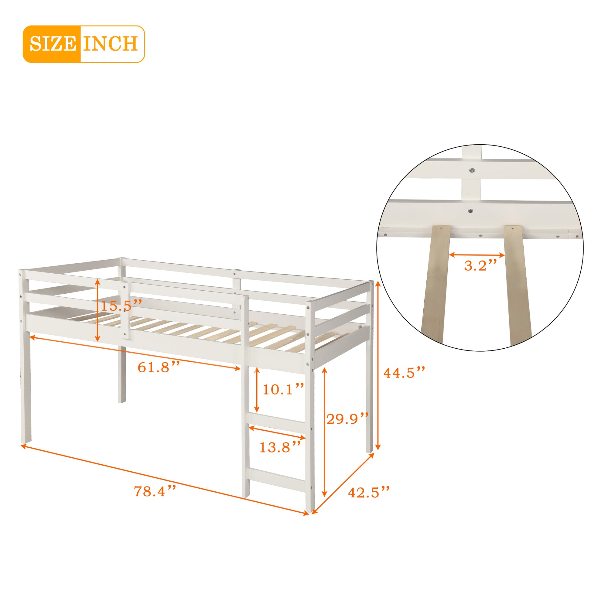 White wooden loft bed with ladder and dimension labels