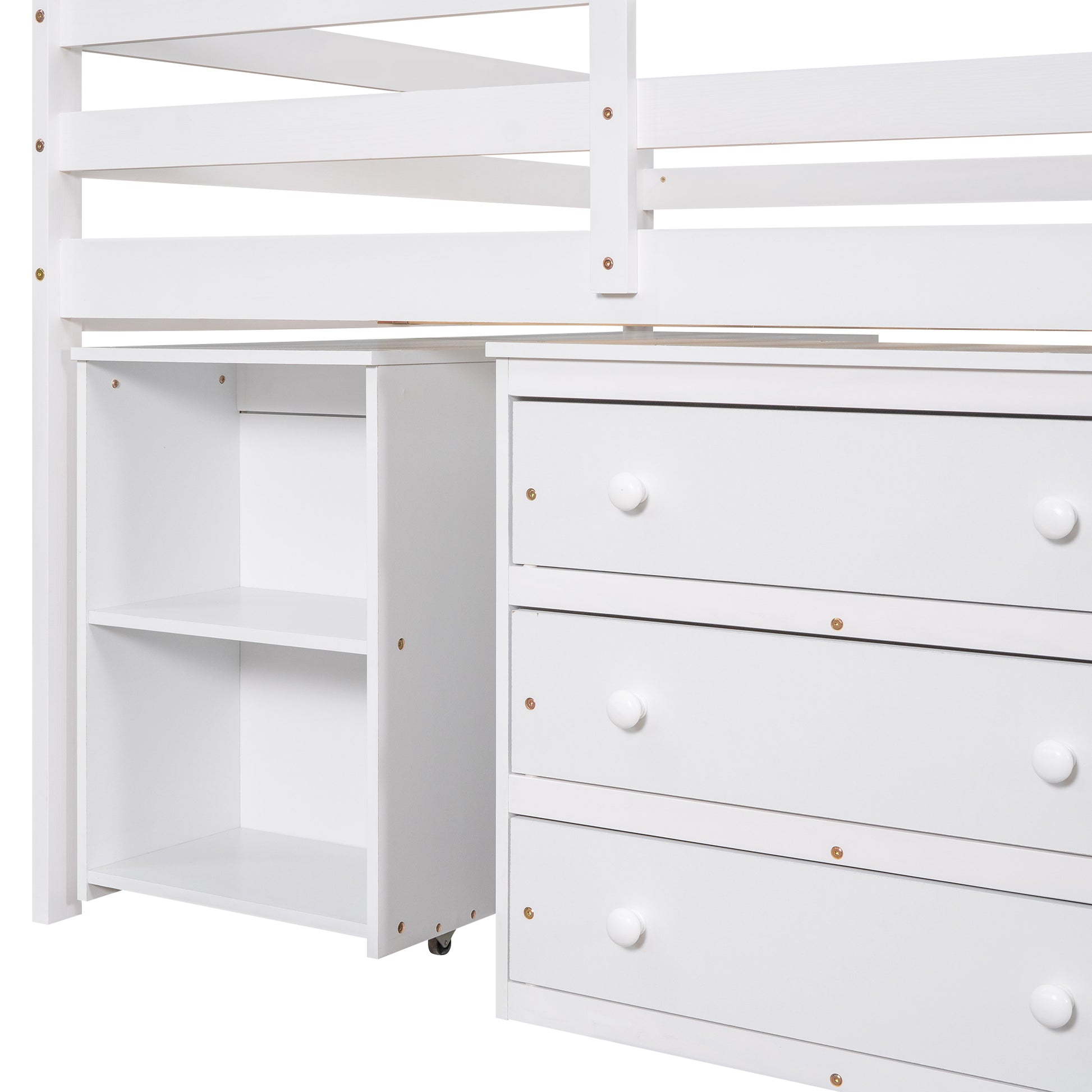 White loft bed with integrated bookshelf and three drawers