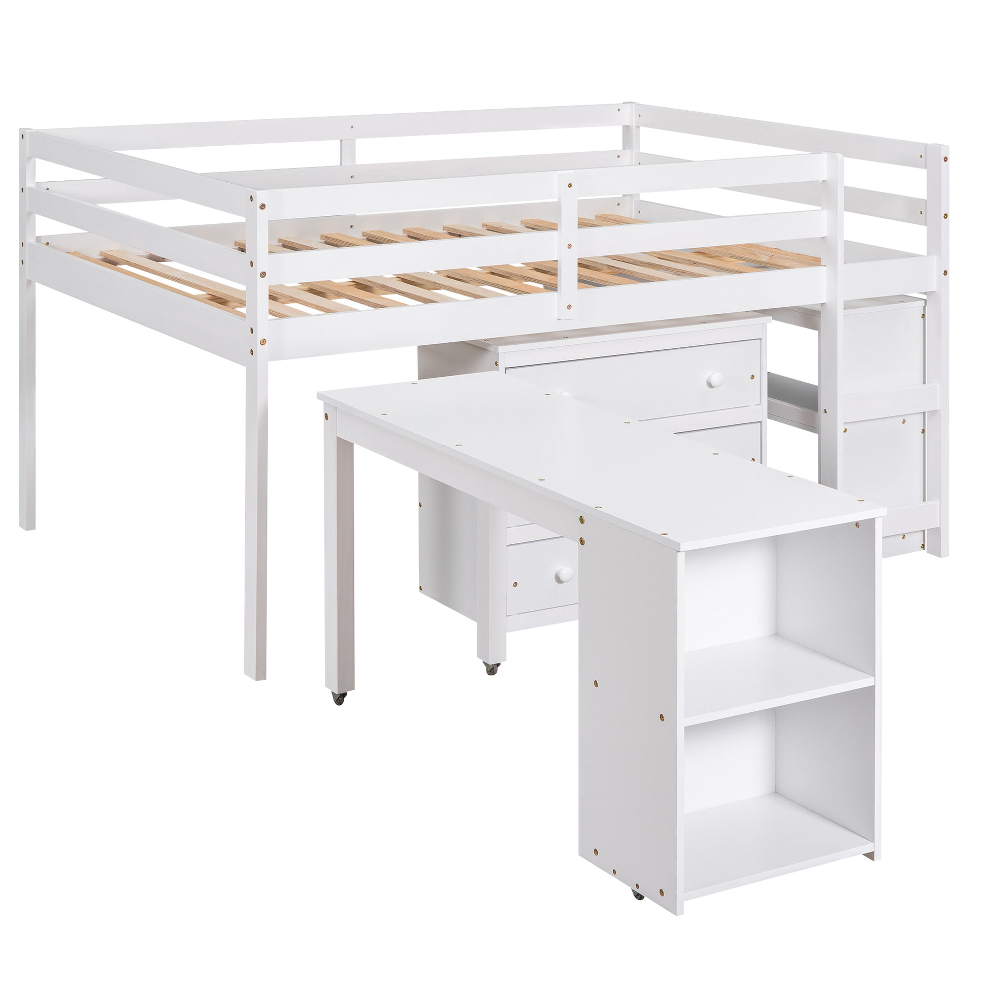 White loft bed with desk and shelving